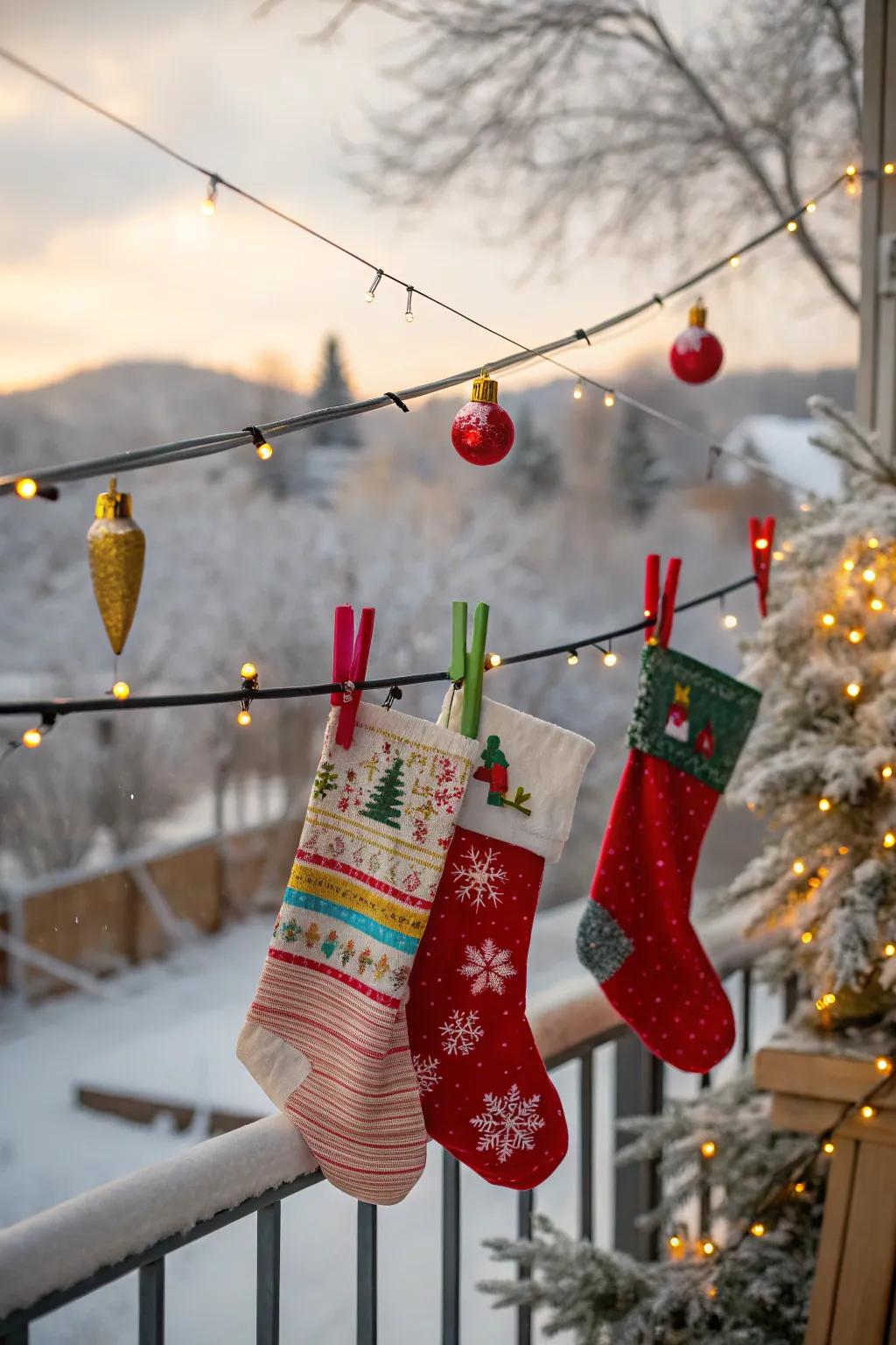 A washing line setup creates a playful vibe for stockings.