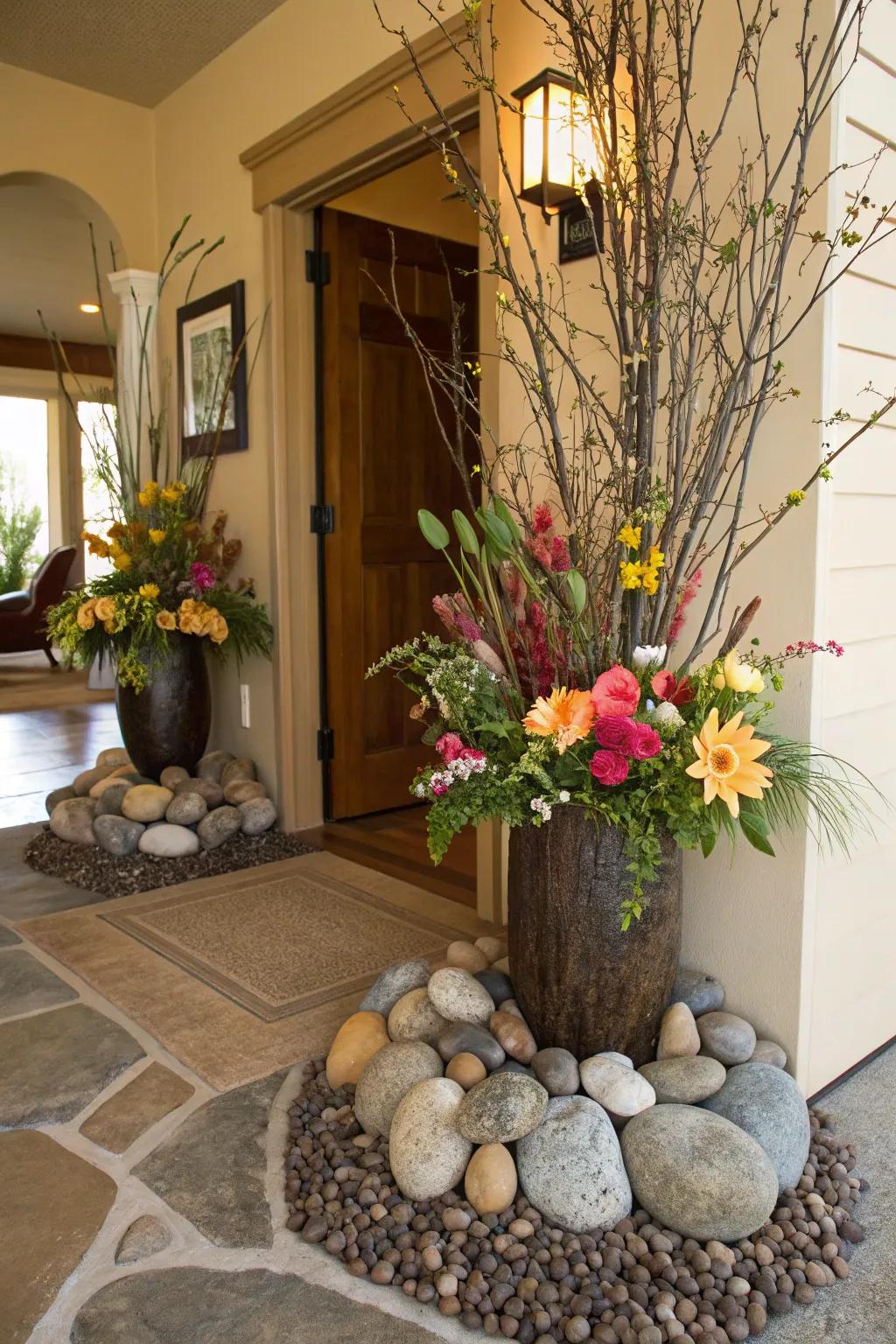 An artistic arrangement uniting flowers with stones and branches.
