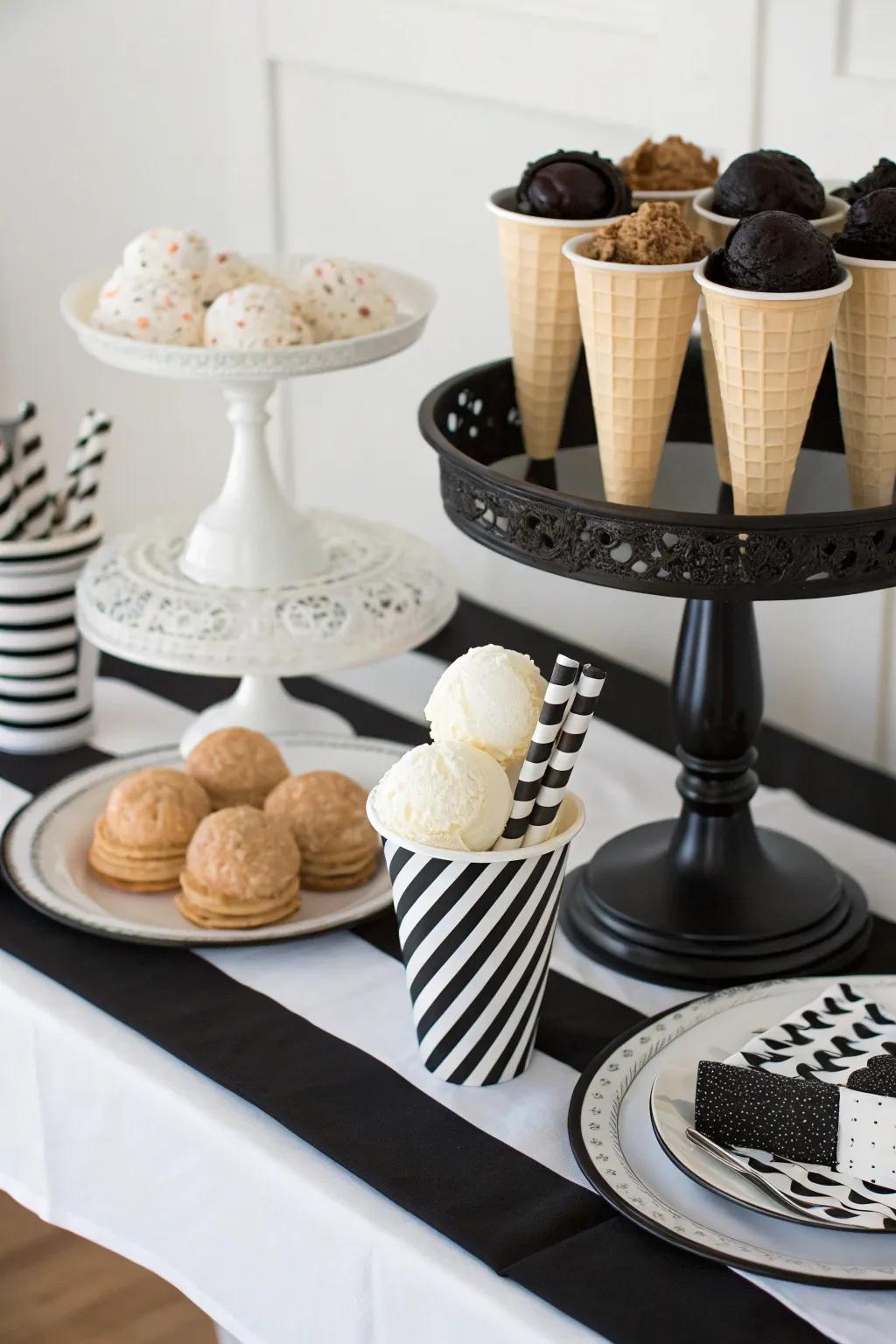 A chic monochrome ice cream table makes a bold statement.