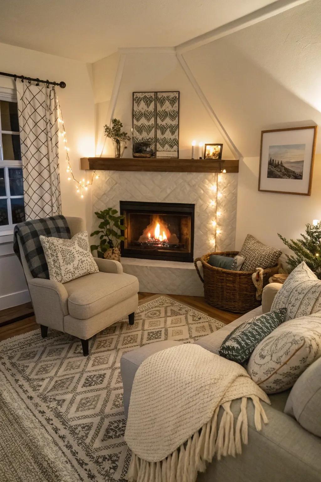 A small living space featuring a corner fireplace with a cozy seating arrangement.