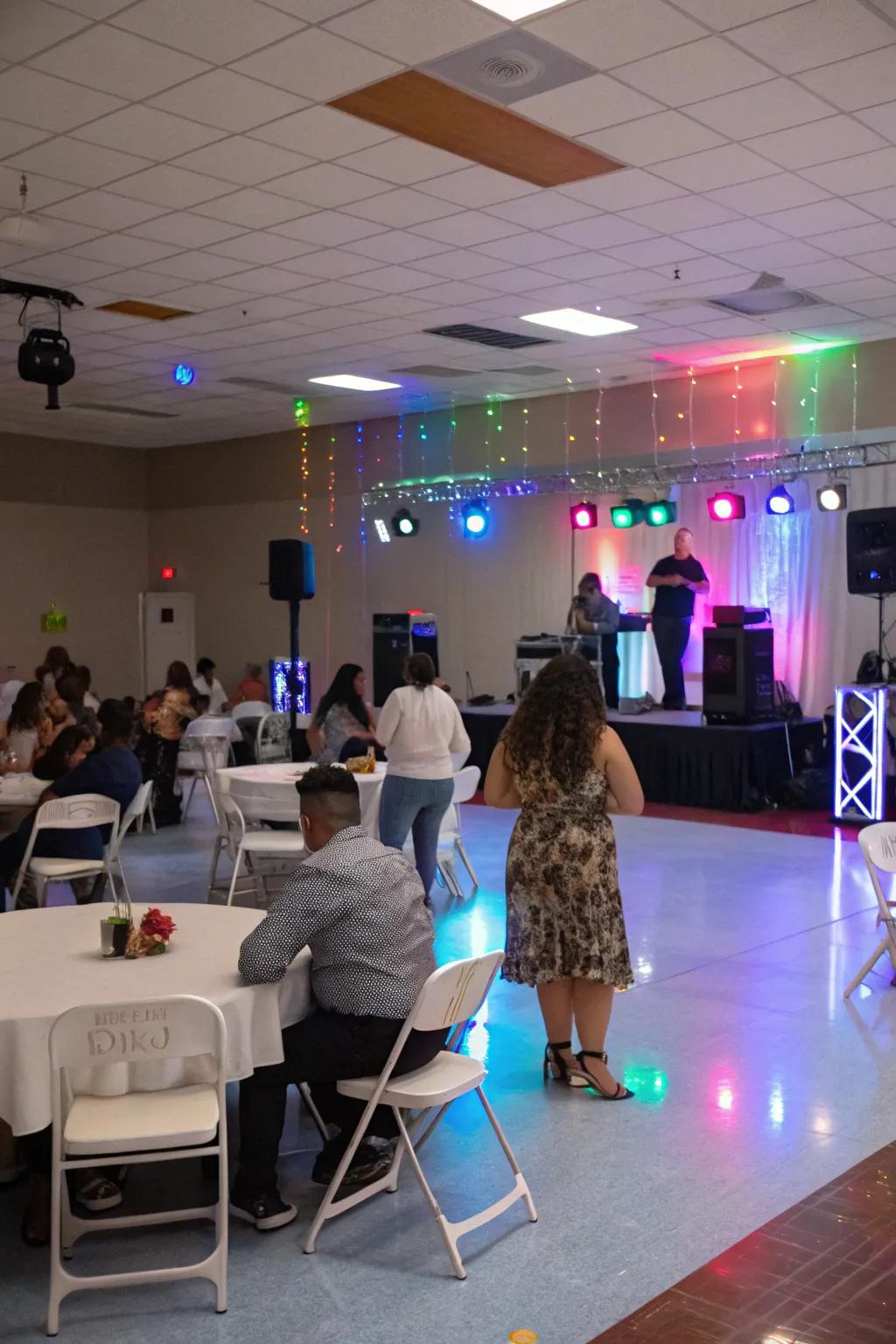 An energetic indoor party showcasing a music and dance zone.