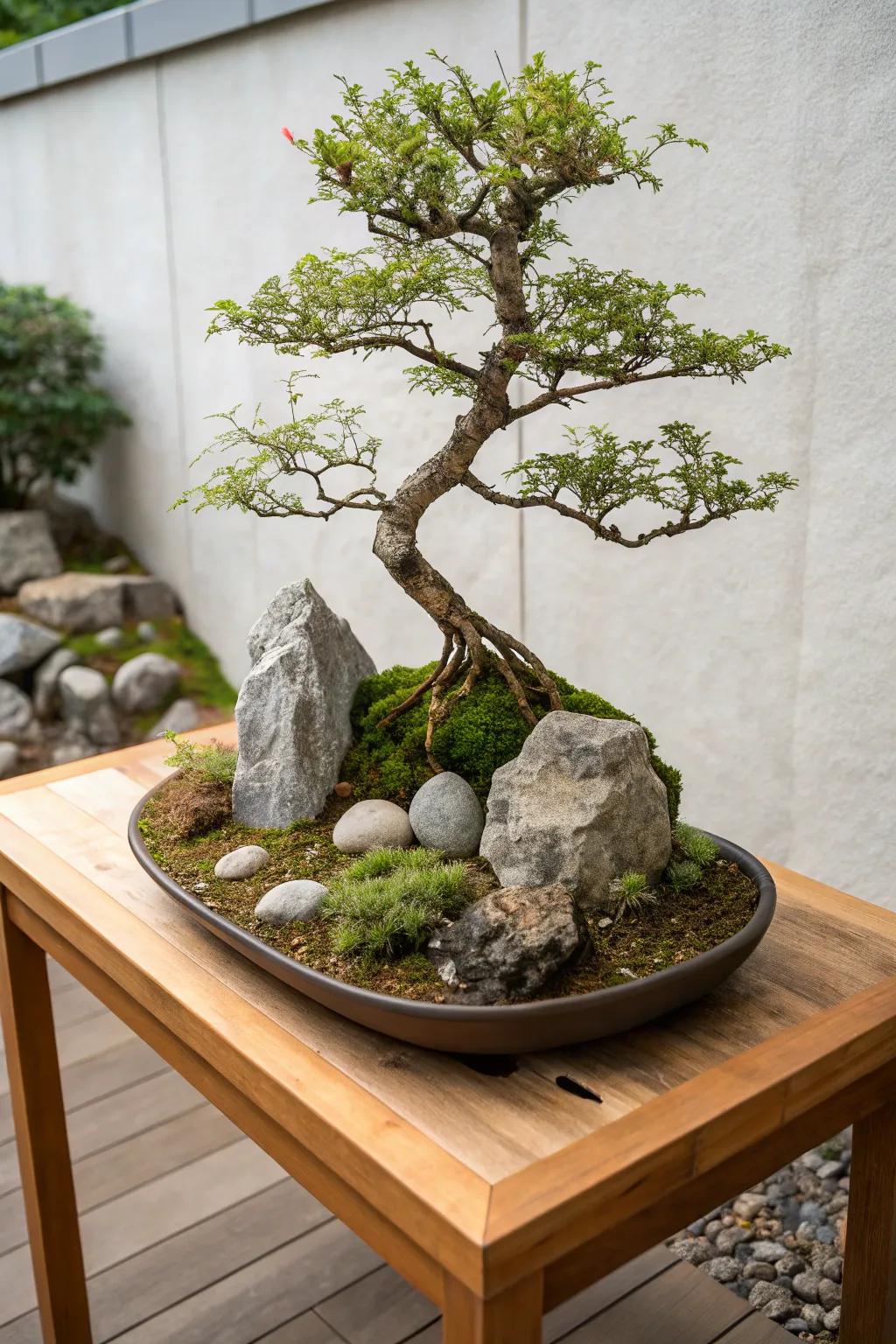A bonsai stone vista marks a compelling fusion of artistry and nature.