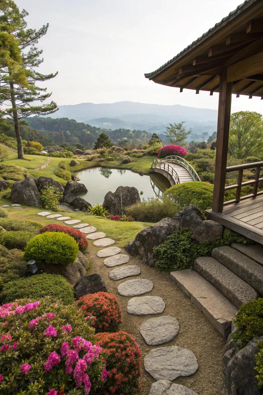 A viewing area overlooking a Japanese garden landscape.