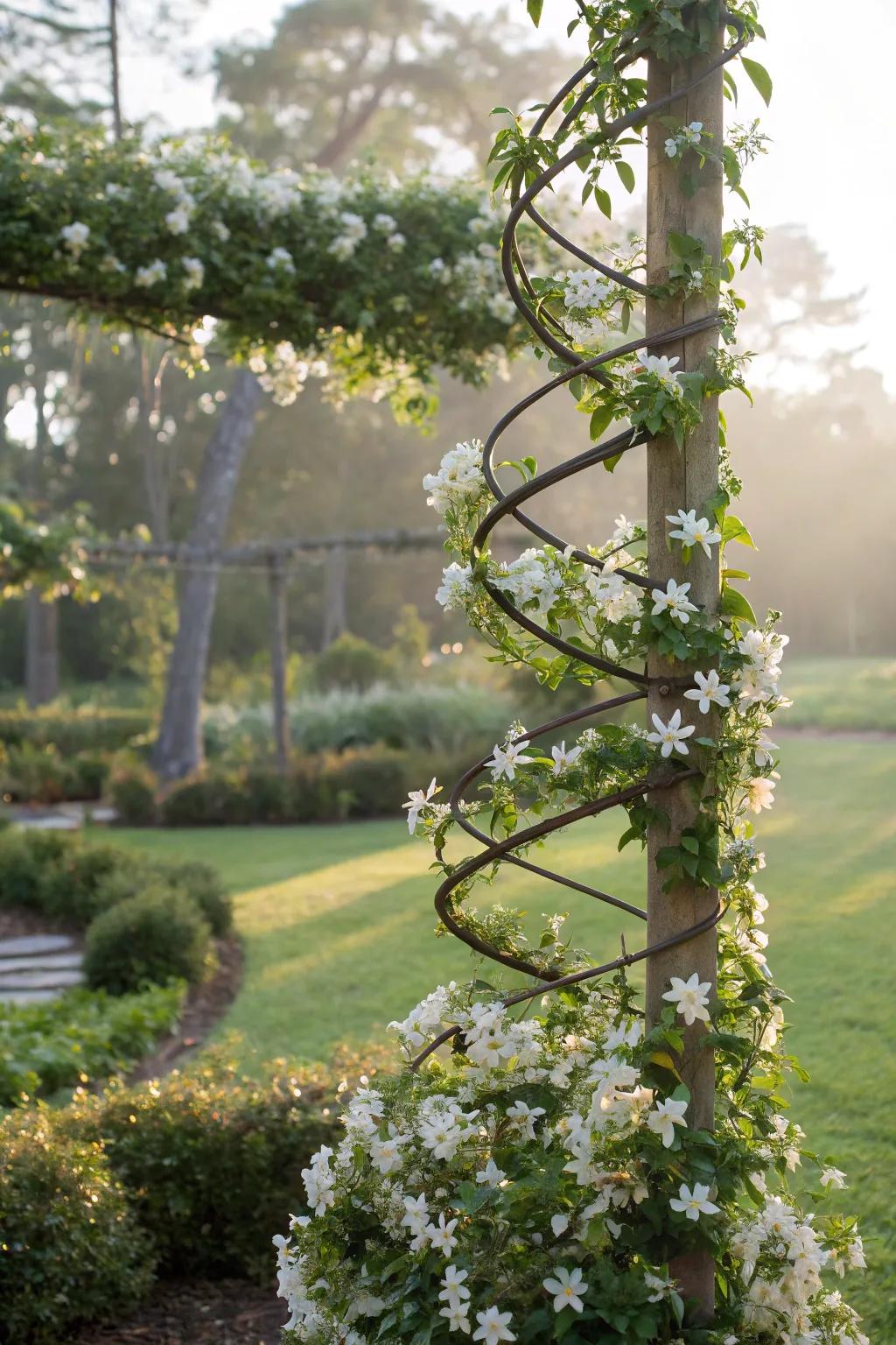 Introduce whimsy to your garden using a coiled snow vine climbing frame.