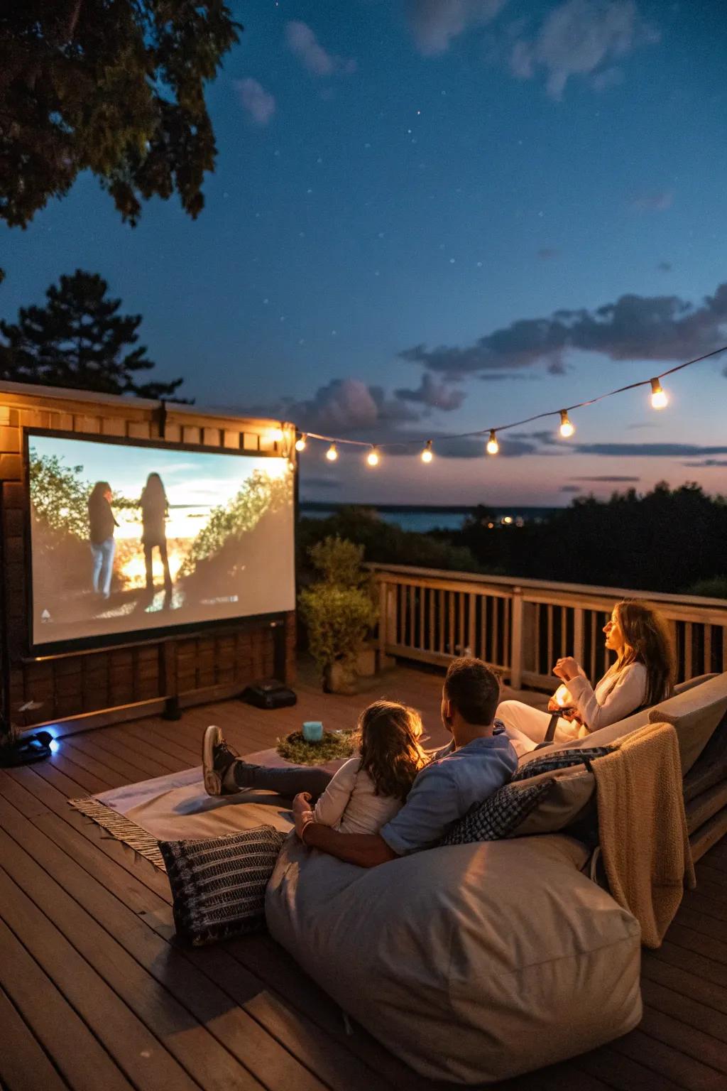 A deck set up with an outdoor projector and screen, where a family is enjoying a movie under the stars.