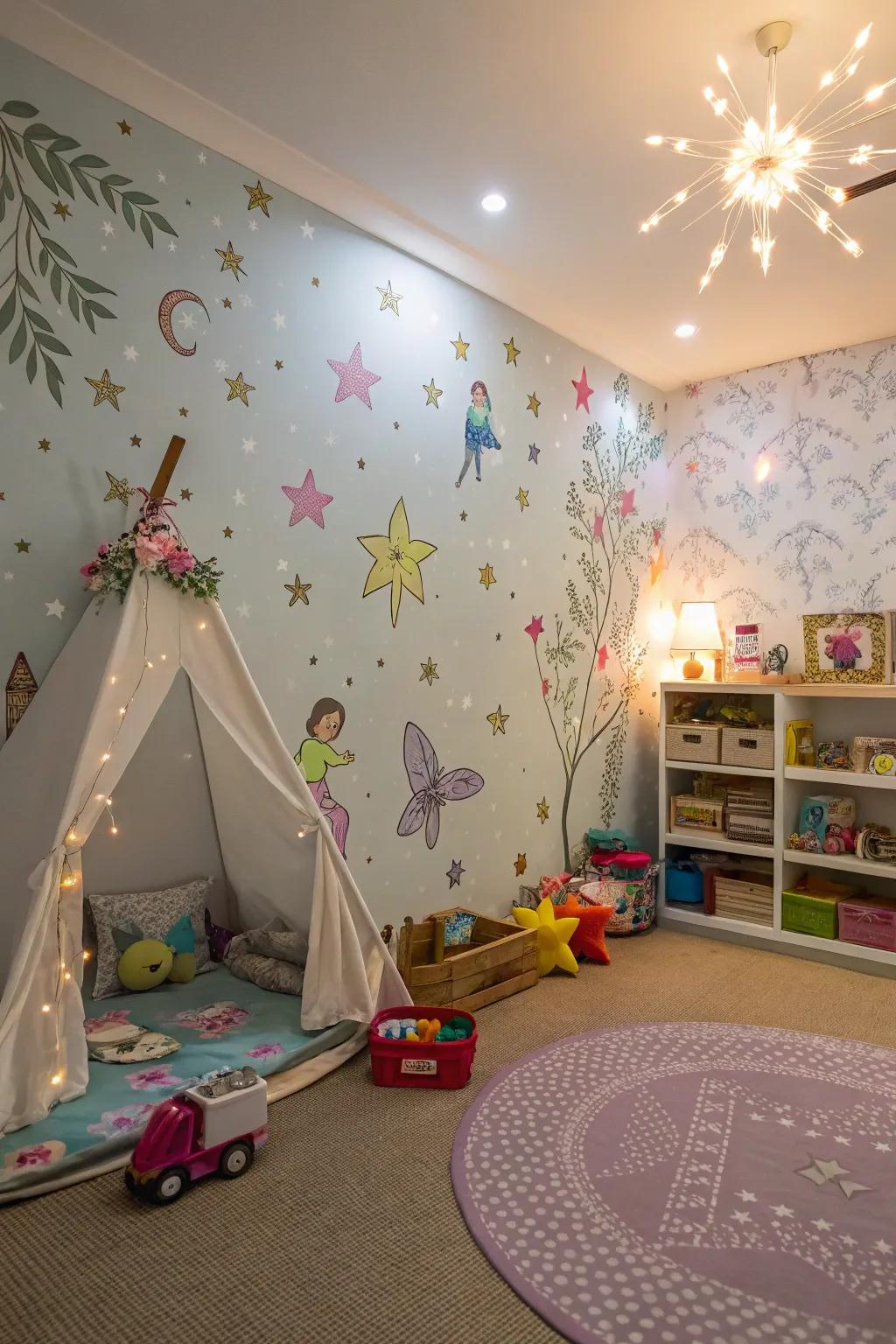 A playroom displays stars and fairies wallpaper, ideal for dreamers.