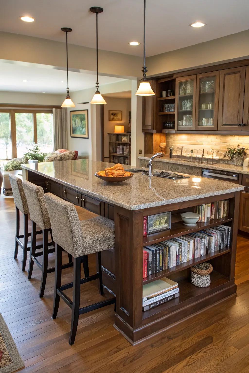 Integrated sitting metamorphoses this cooking area focal point into a social hub, ideal for gatherings.