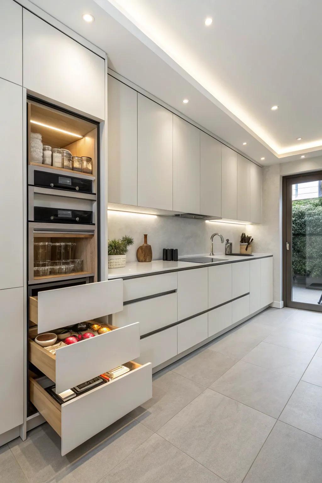 A culinary space with concealed storage features for a clutter-free environment.