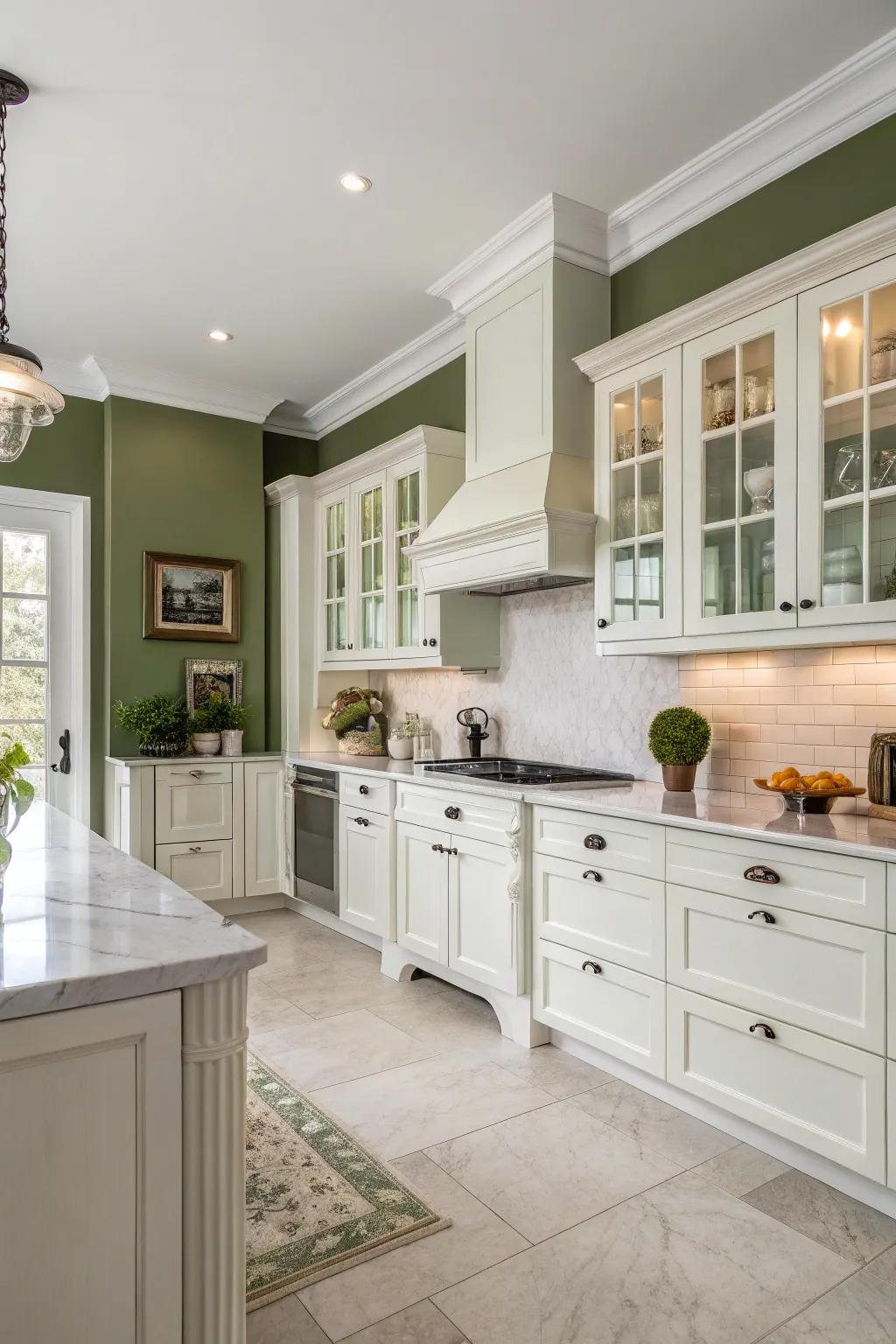 Olive green walls add a sophisticated and refined touch.