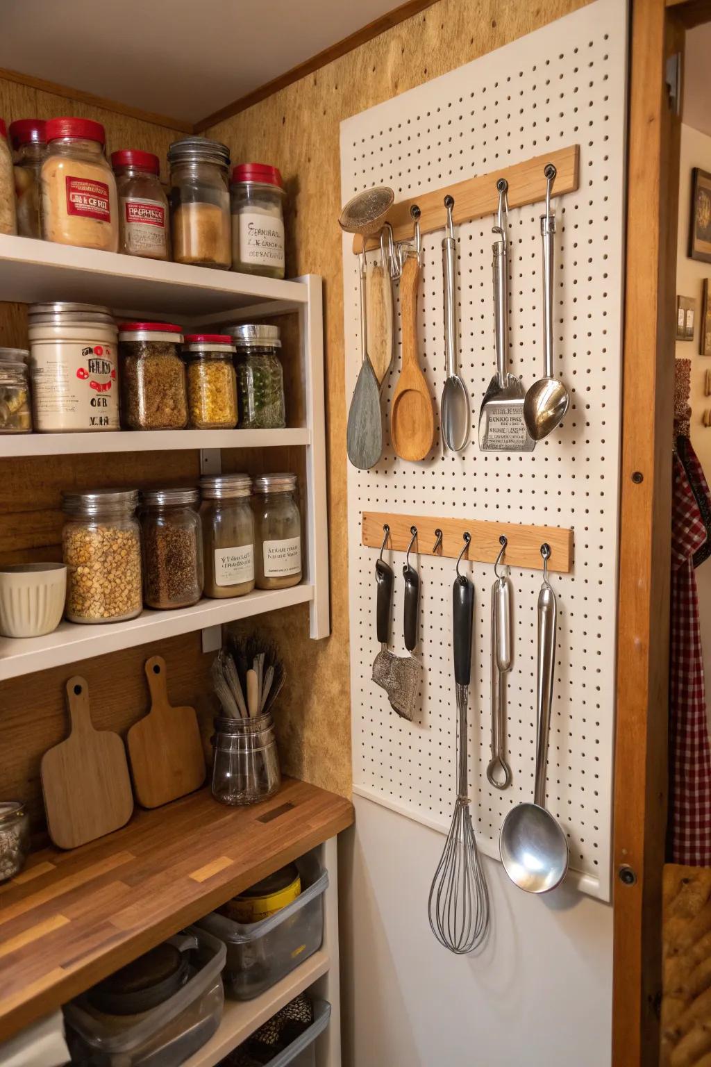 Pegboards give stylish and useful storage.