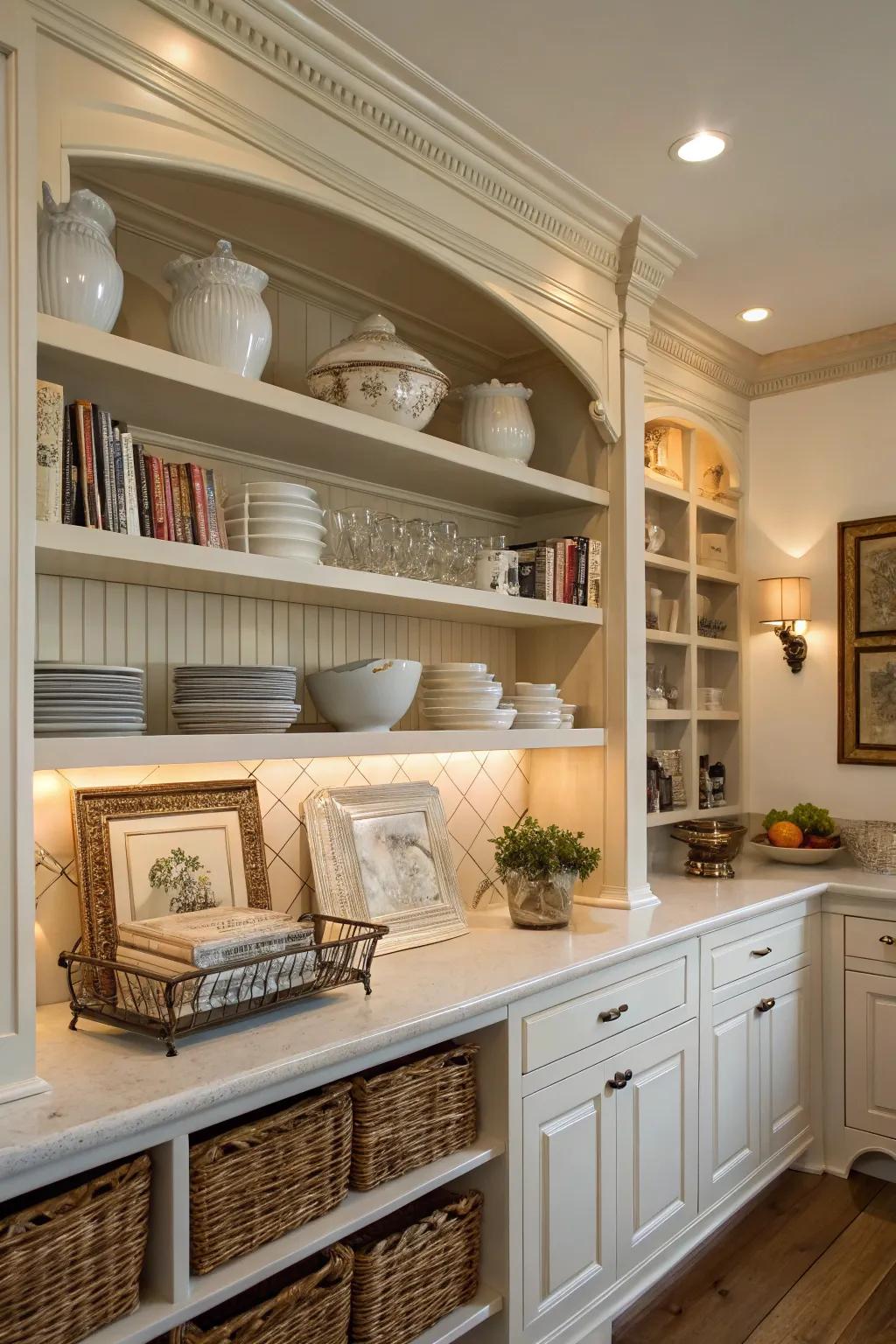 Conventional shelving accentuated with crown molding introduces a touch of timeless elegance to the kitchen.