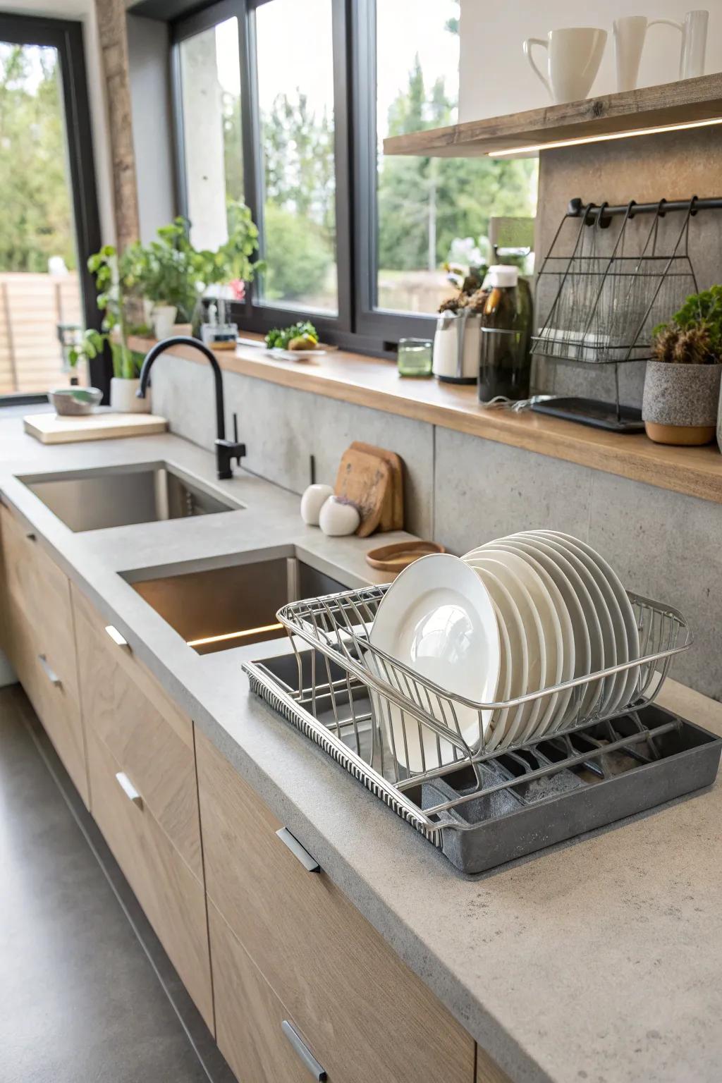 A kitchen with concrete worktops featuring a practical embedded dish drying rack.