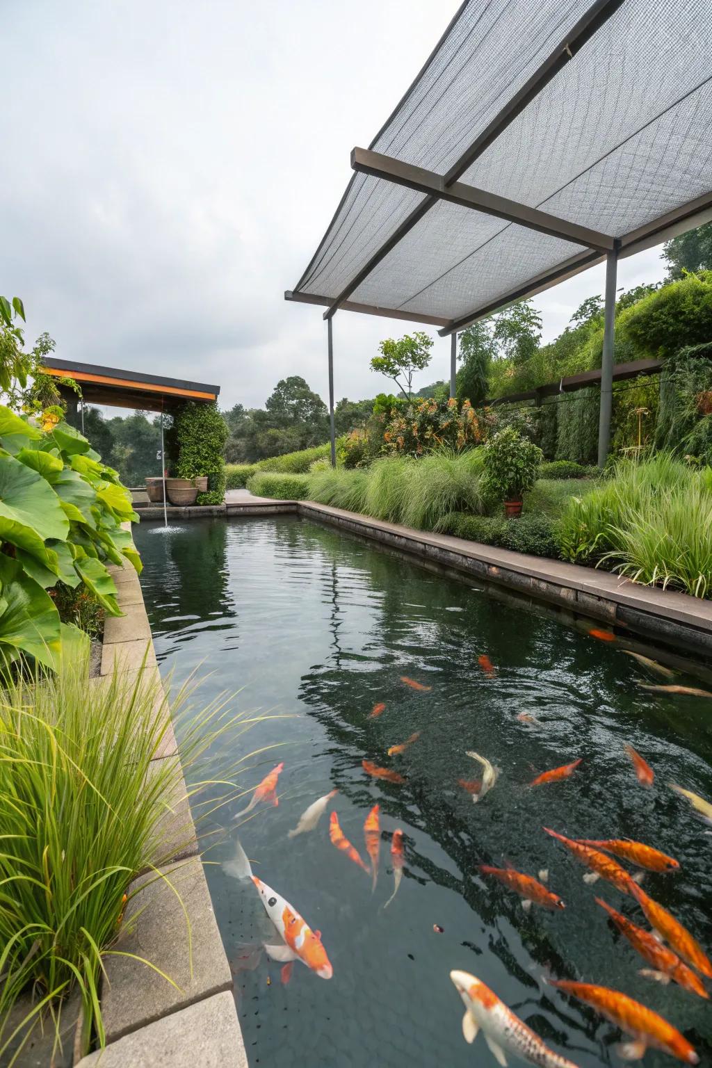 Plant filters bring shade and clean water to a koi pond.