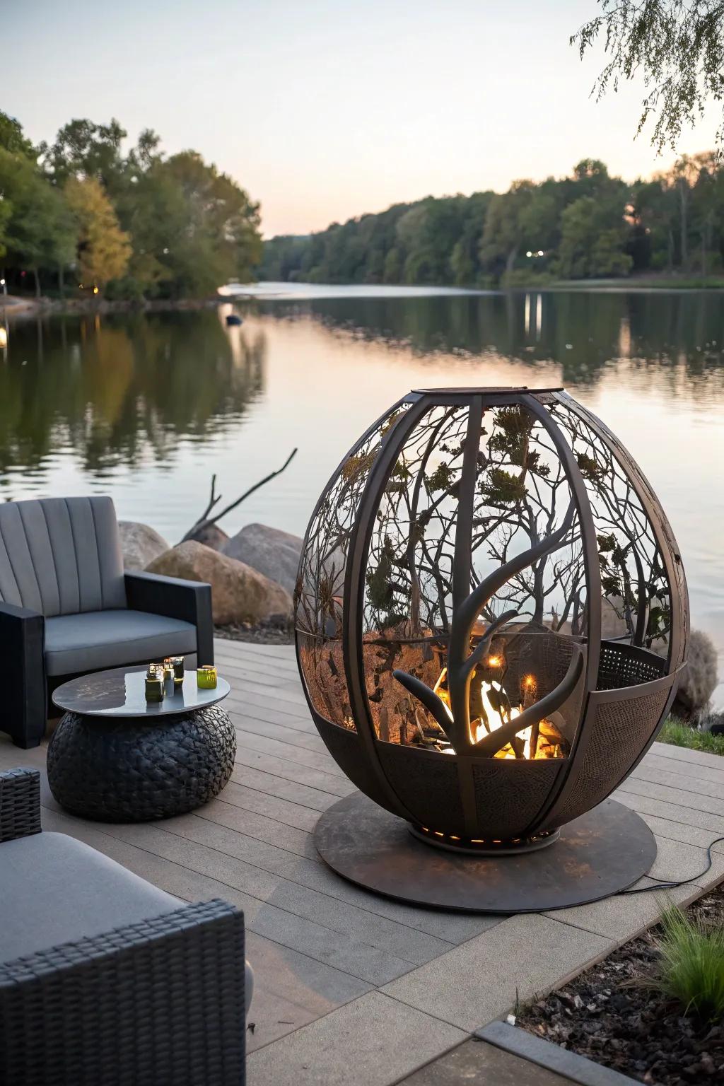 An artistic brazier statue appends a creative and eye-catching constituent to your lakeside hideaway.