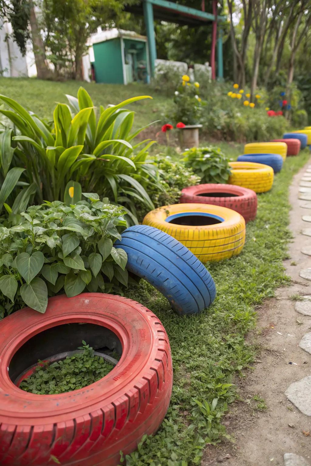 Recycled tire edging adds a vibrant, eco-friendly touch to gardens.