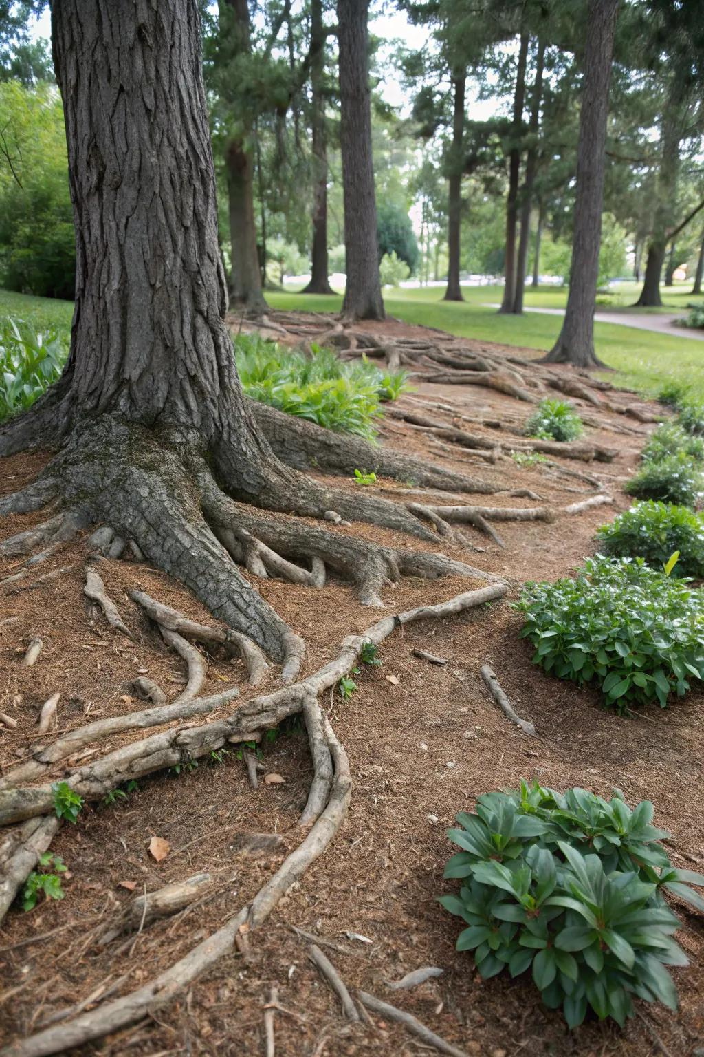 Visible root systems can become a captivating attribute in garden design.