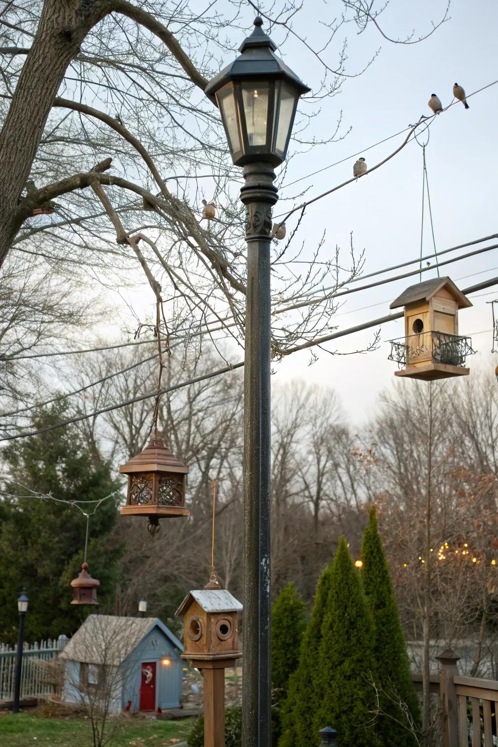 Avian-welcoming aspects drawing wildlife to a lamp post precinct.