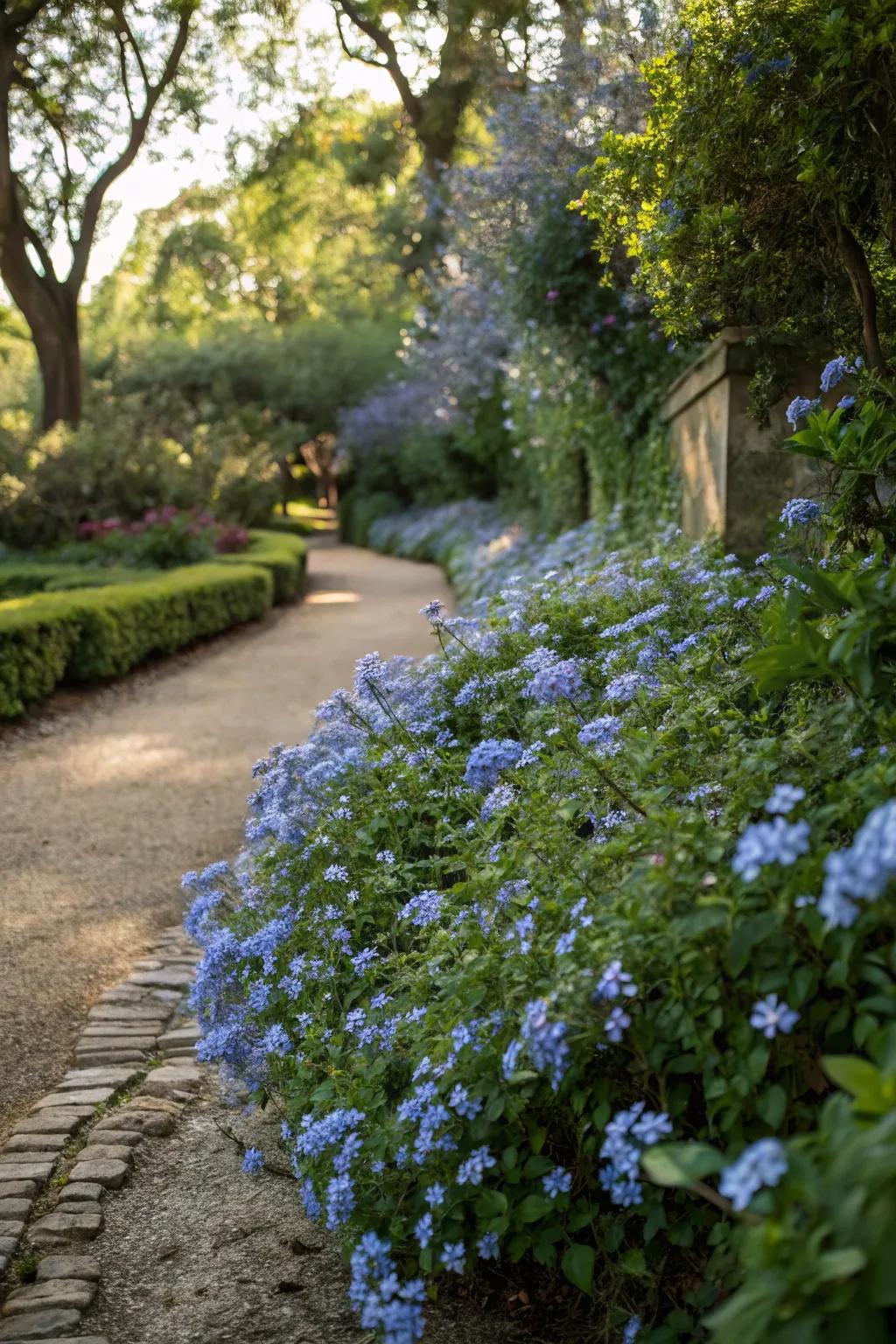 A concealed garden recess with cerulean blossom blooms evoking a secret garden sensation.