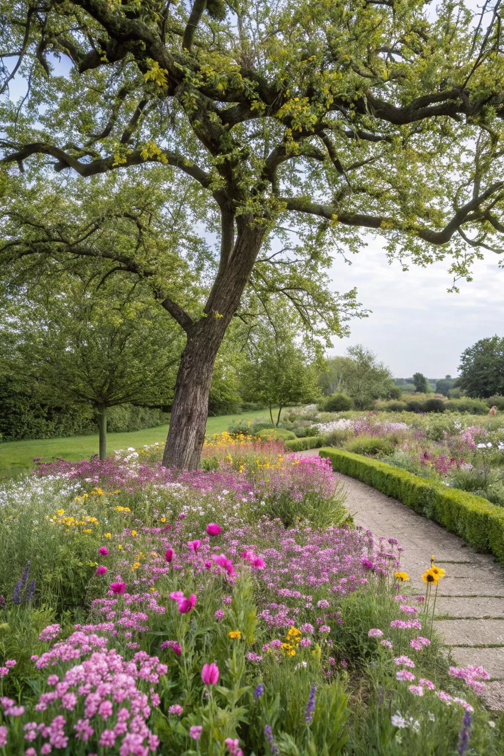 A tree exhibiting a vibrant meadow of wildflowers, amplifying the garden's unspoiled splendor.