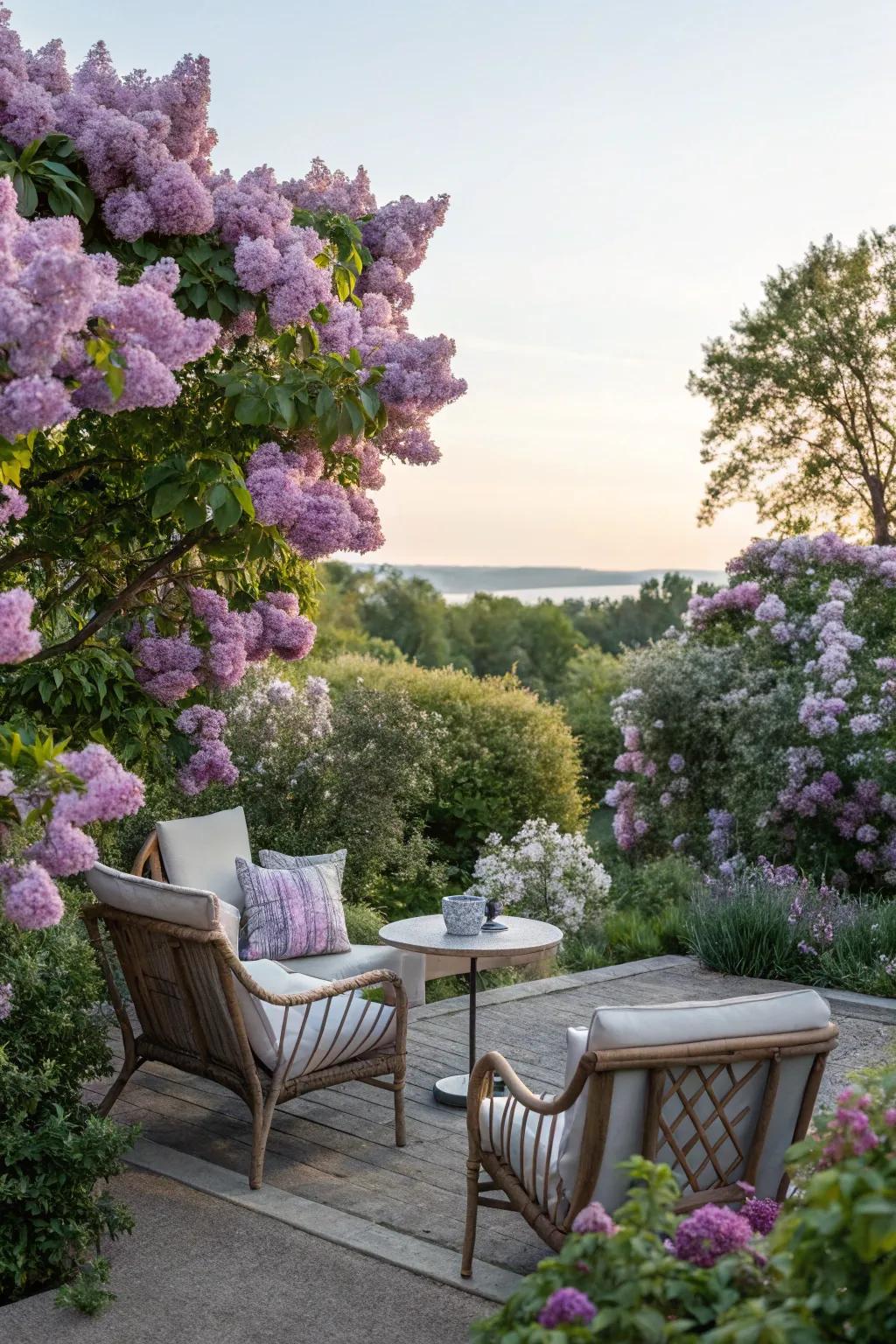 A garden chamber showcasing lilacs provides a tranquil retreat.