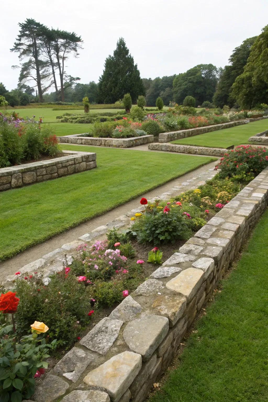 Boulder demarcations elegantly separate and define garden areas.