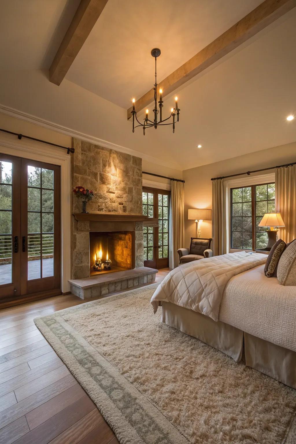 A heating system adds warmth and becomes a central feature in this spacious bedroom.