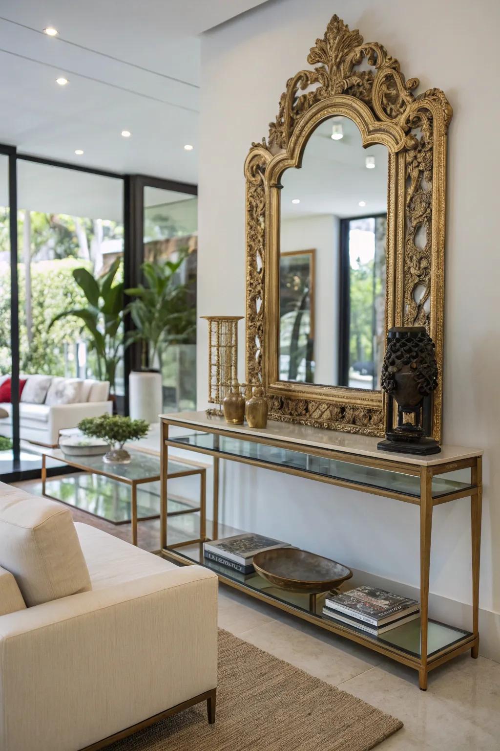 A timeworn reflector introduces both allure and individuality to contemporary ornamentation.