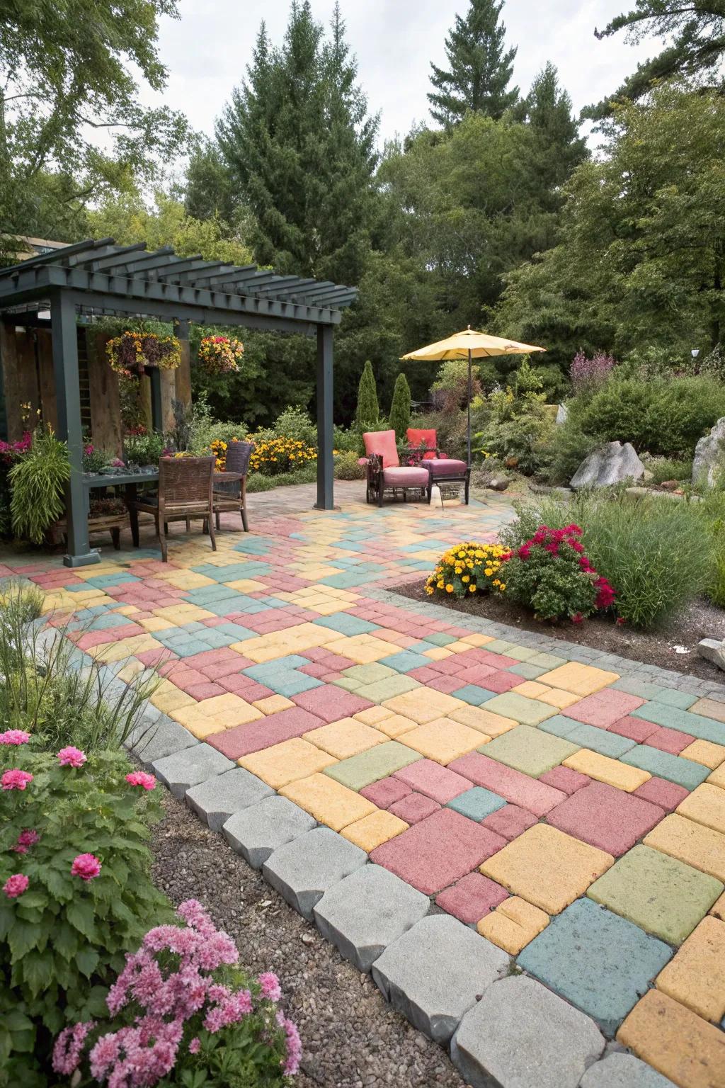 Colorful pavers add vibrancy and personality to this patio.