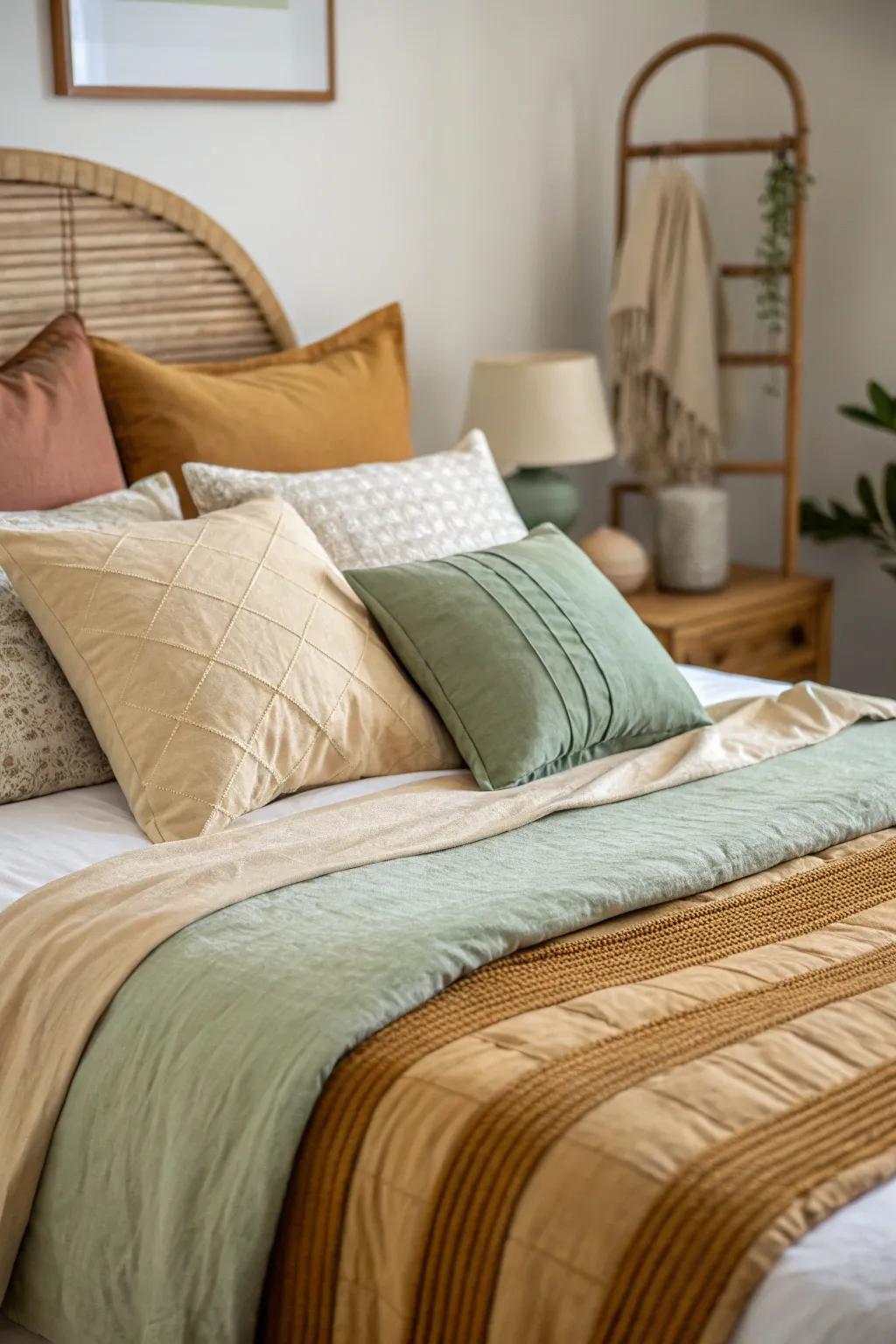 A nature-inspired palette creating a calming bedroom atmosphere.