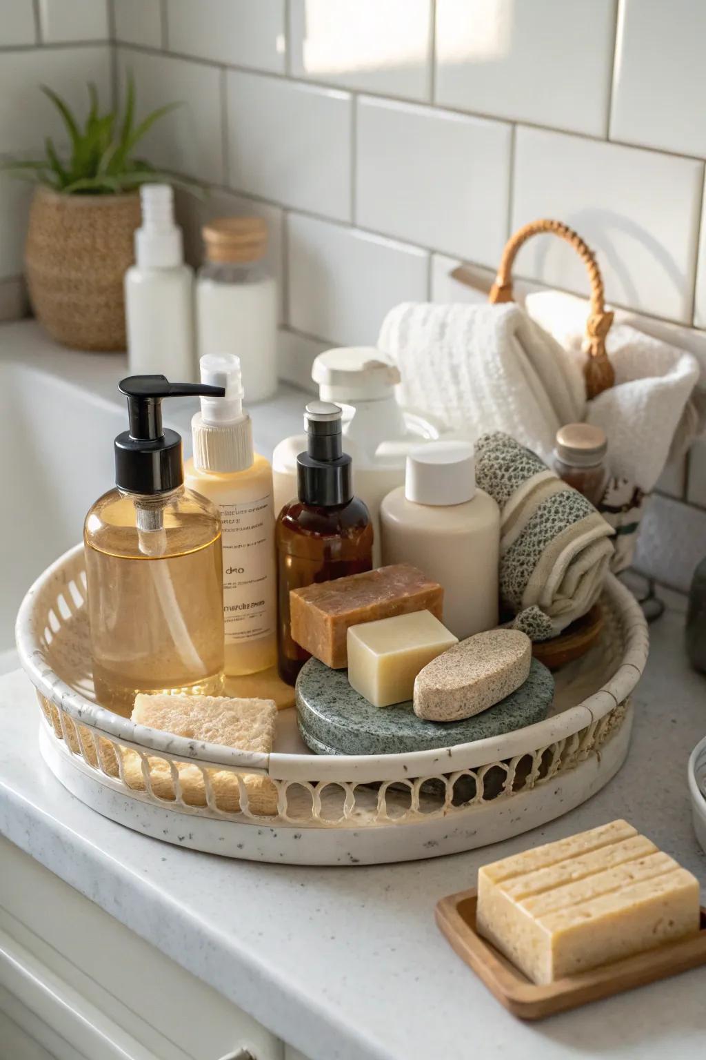 A bathroom organized showcasing necessities upon a lazy Susan.