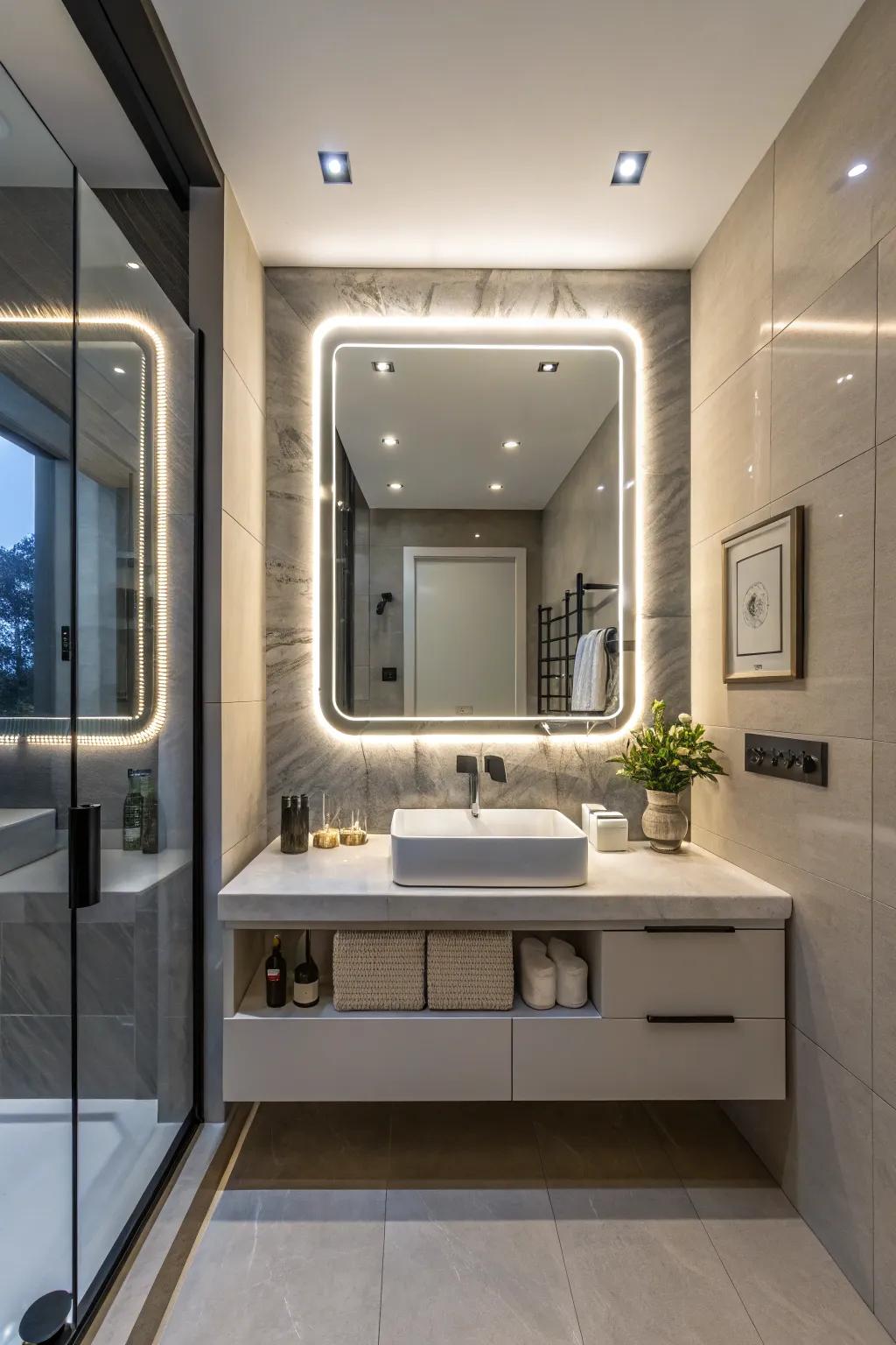A futuristic washroom configuration featuring an astute illuminated reflection incorporating advanced attributes.