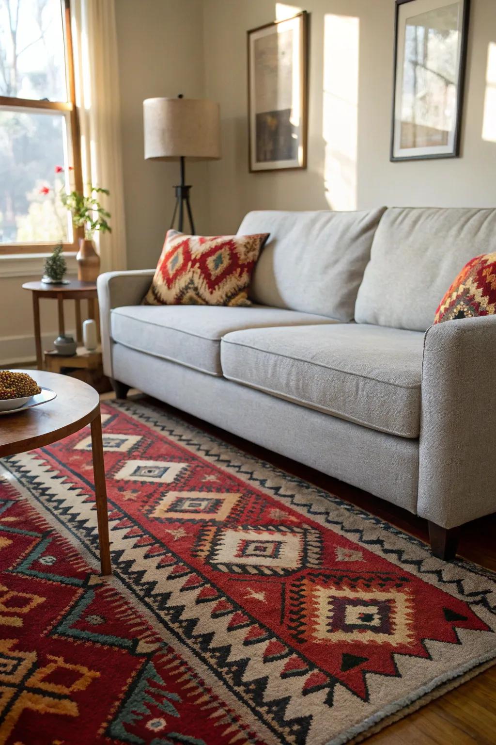 A striking rug anchors the room and enhances a muted stone sofa.