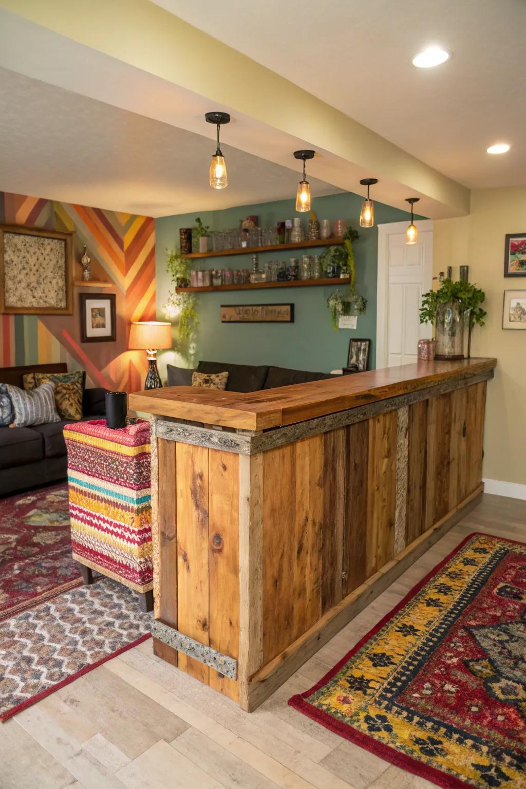A live edge bar with vibrant tones that brings a splash of color to the home.