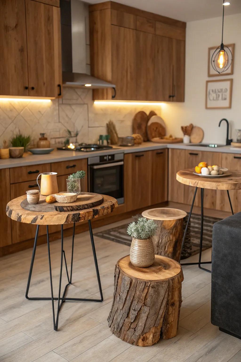 Small natural-edge details enhancing a touch of nature into the cooking area.