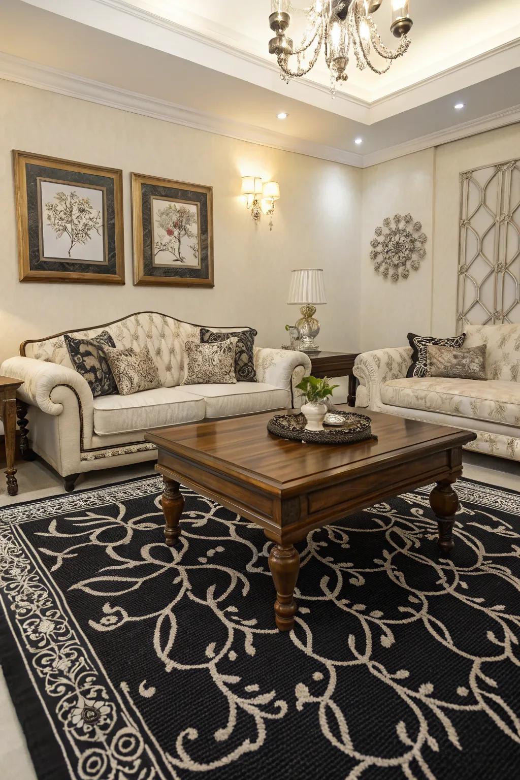Dark and light floor coverings offer timeless sophistication.
