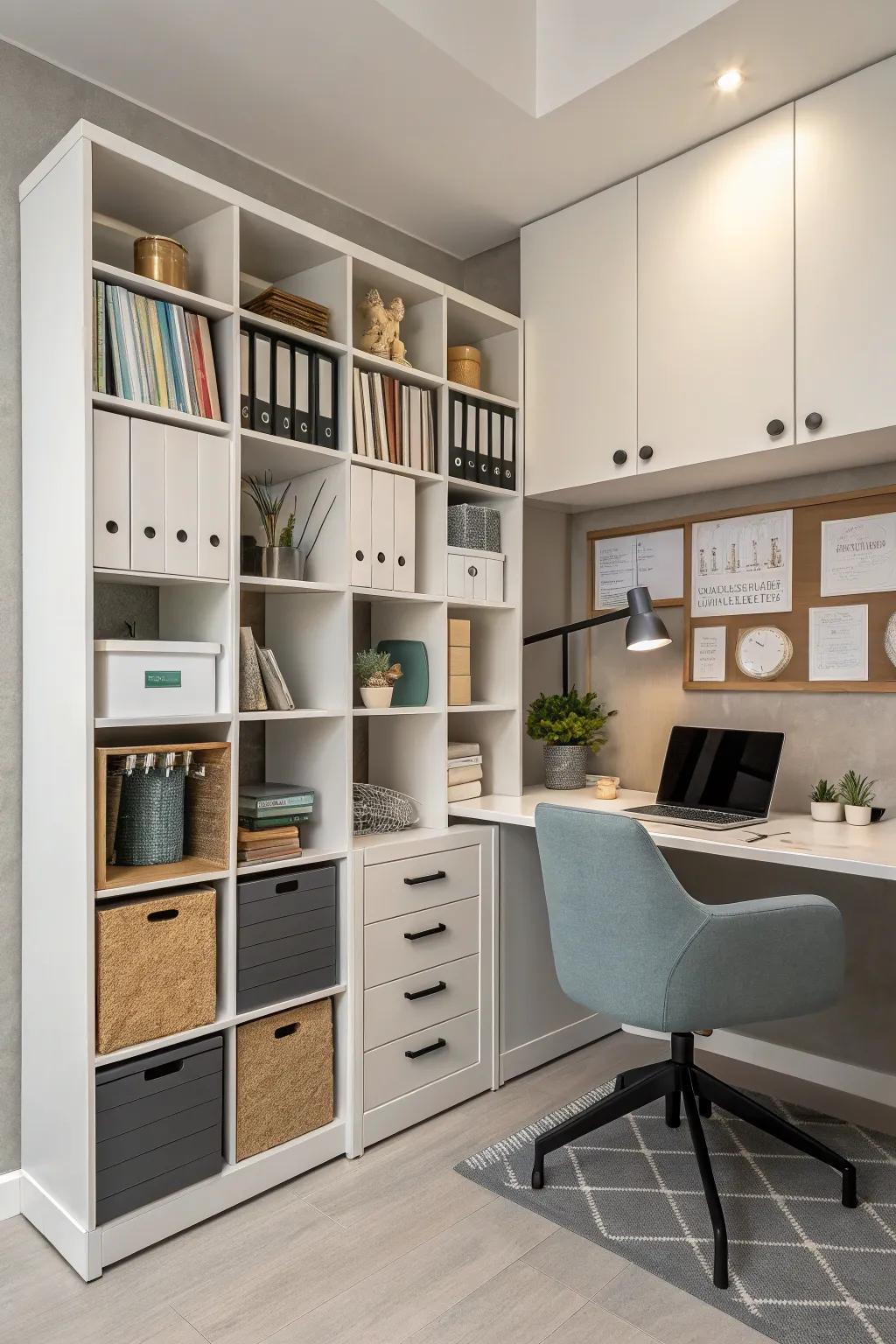 A workplace essentials hub employing modular storage for a productive workspace.