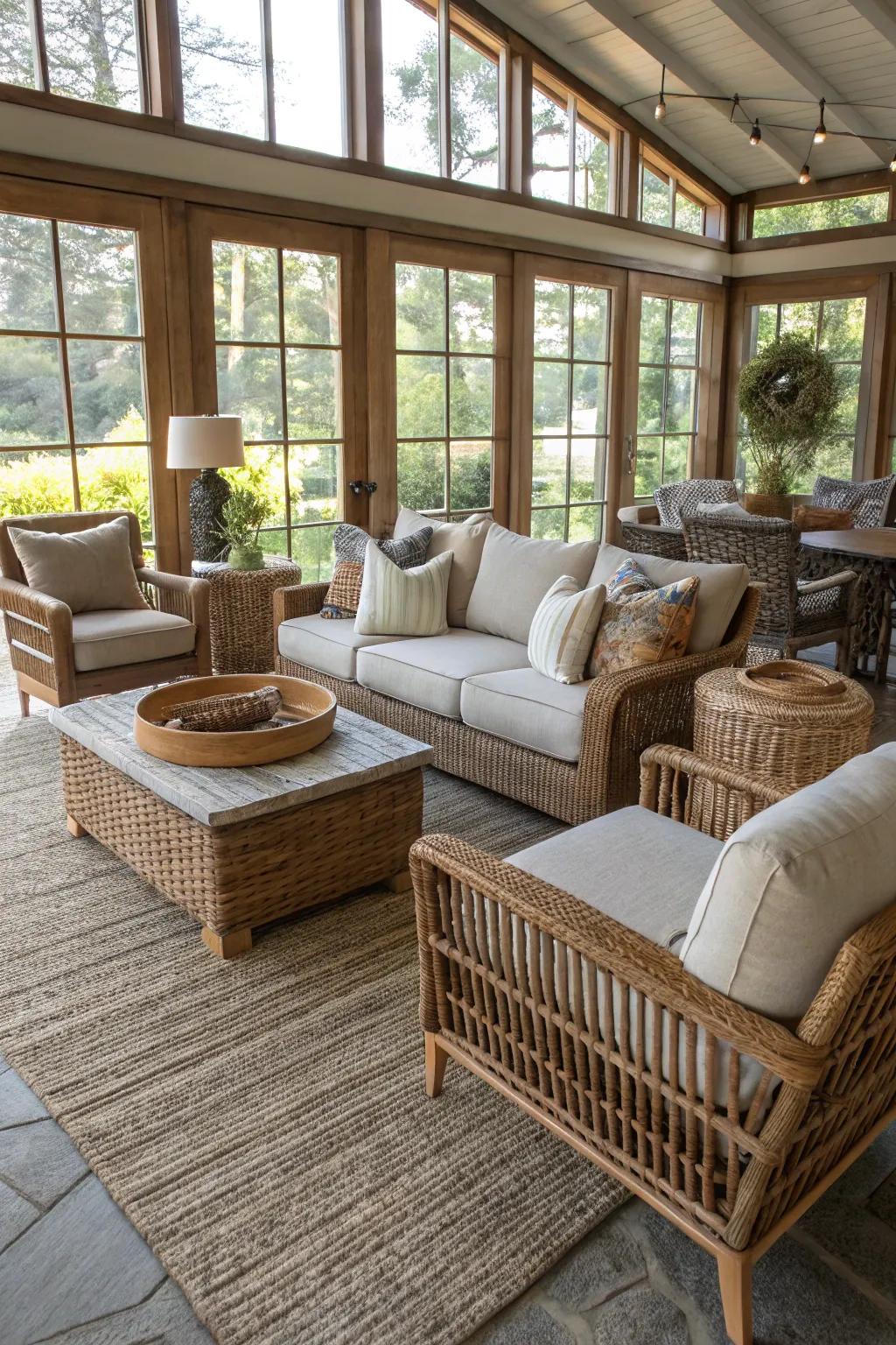 Patio-inspired furniture creating a whimsical vibe in the living room.