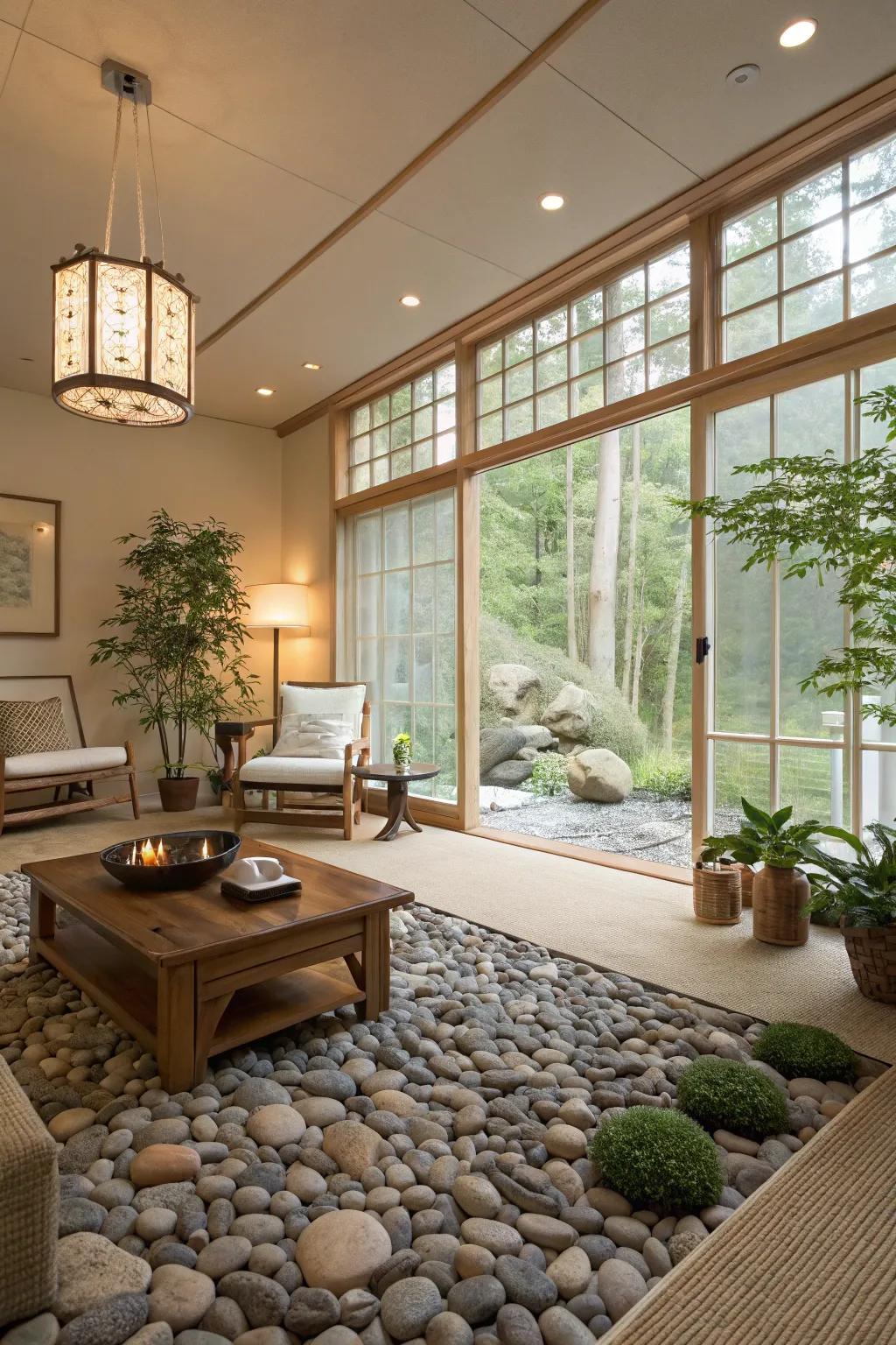 Pebble flooring introduces a natural, spa-like atmosphere to your living space.