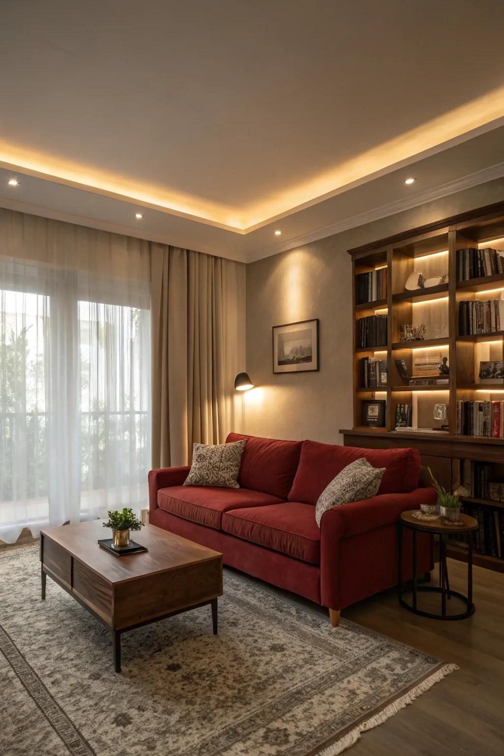Smart illumination offers flexibility to adjust ambiance and highlight your red couch beautifully.