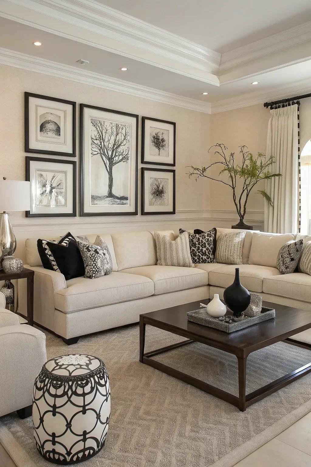 A monochrome sectional contributes to a sleek and cohesive look.
