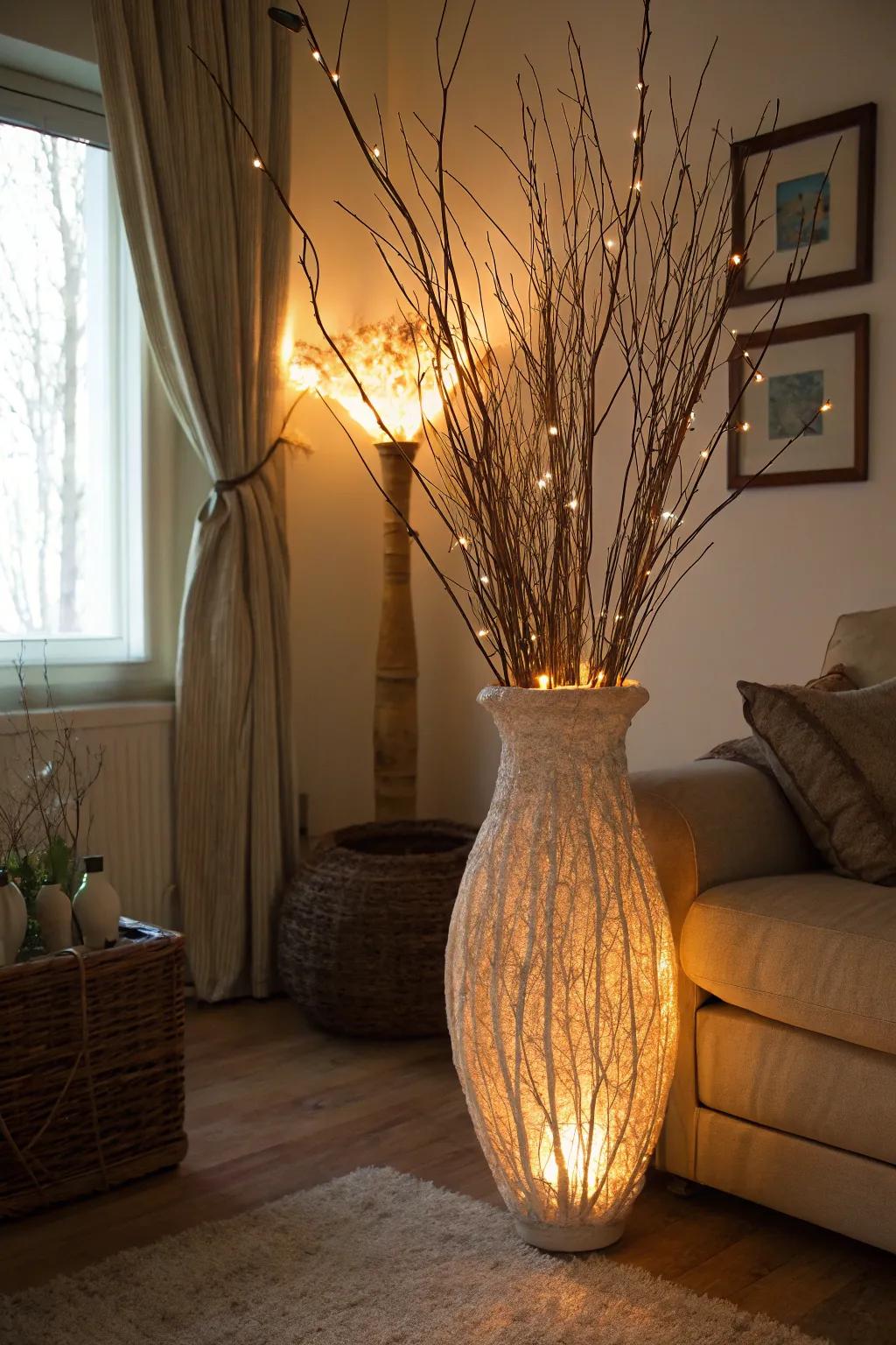 Diode lights positioned inside a vase forge a warm and inviting evening radiance.