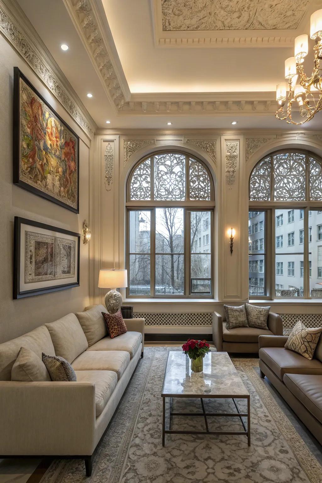 Window casings highlight the living room's architectural beauty.
