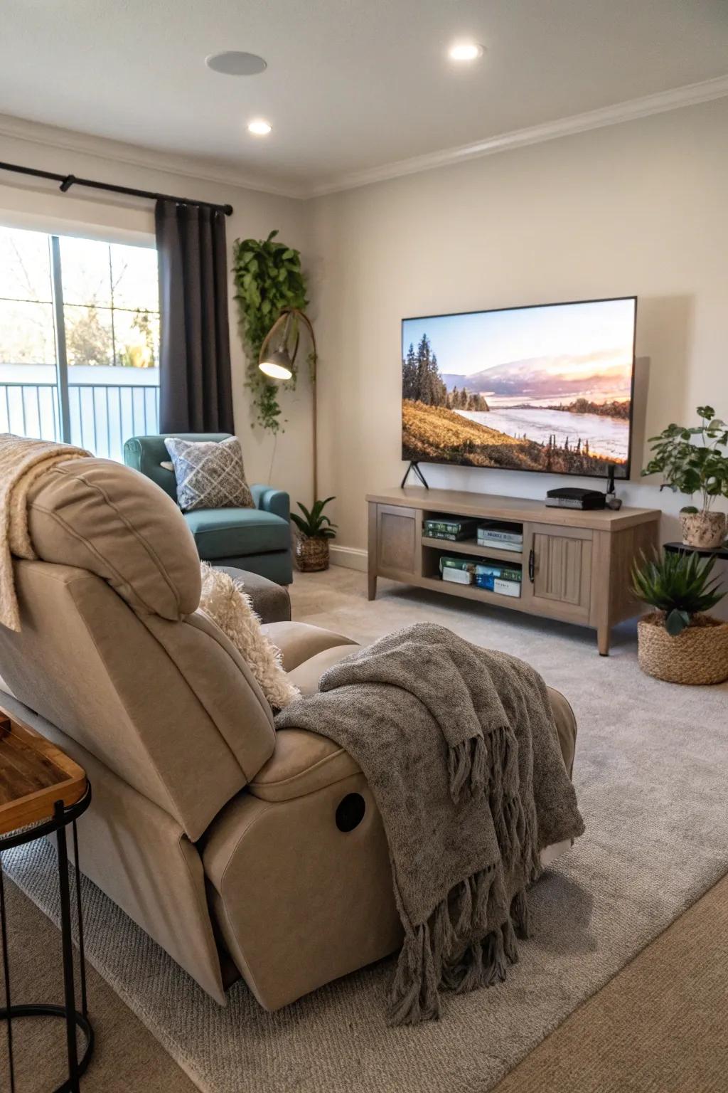 An ideal TV viewing location featuring a well-situated recliner.