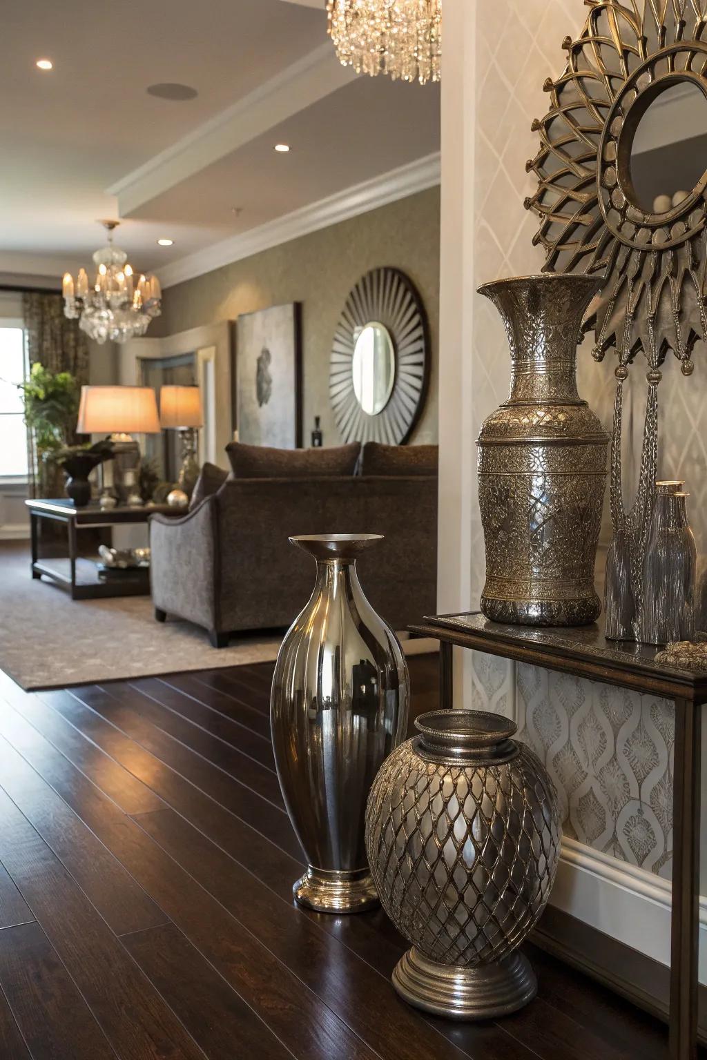 Metallic decor adds elegance and brightness to dark floors.