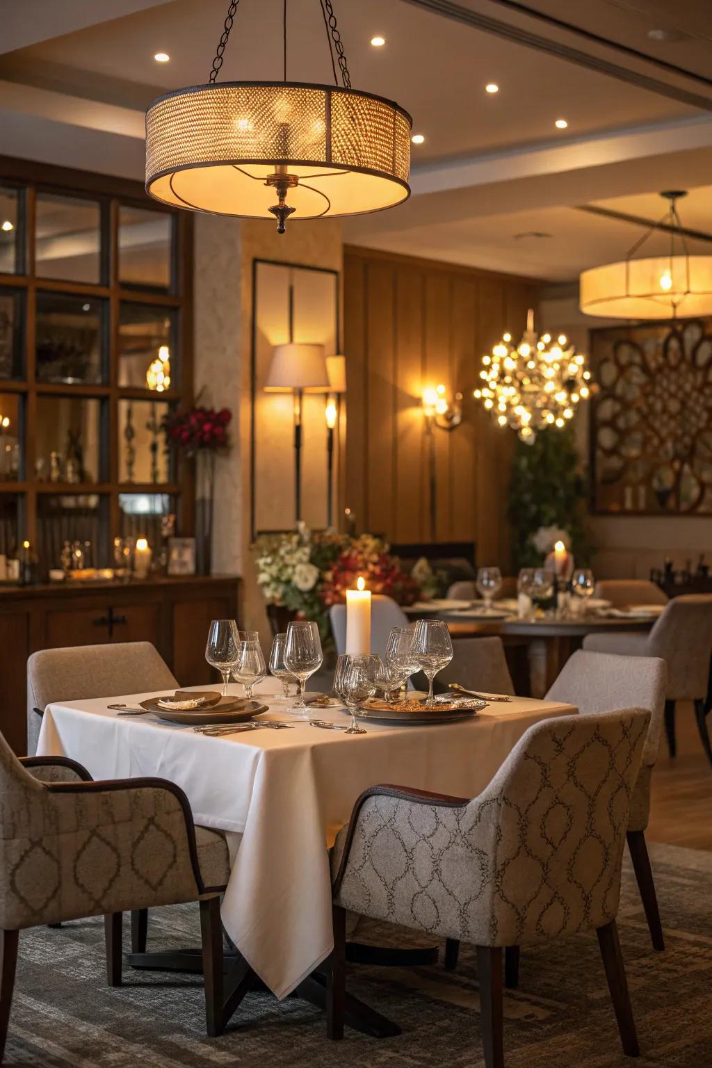 Layered lighting creates dimension in a dining room.