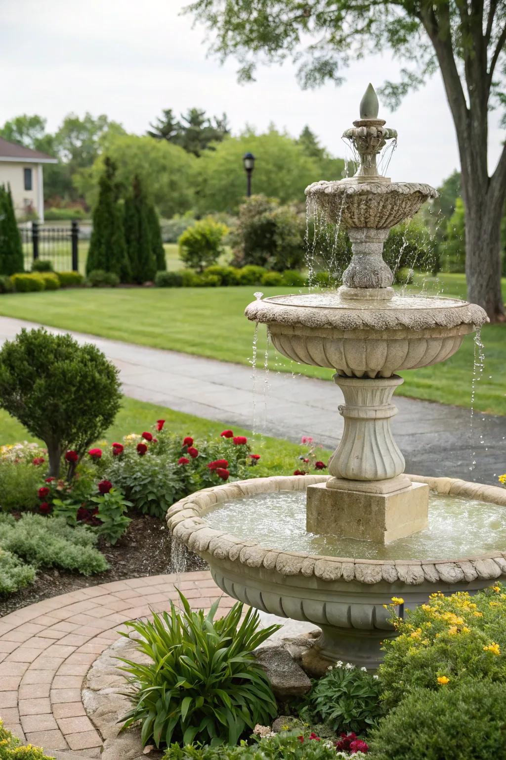 A diminutive water feature contributing to the tranquility of a garden setting.