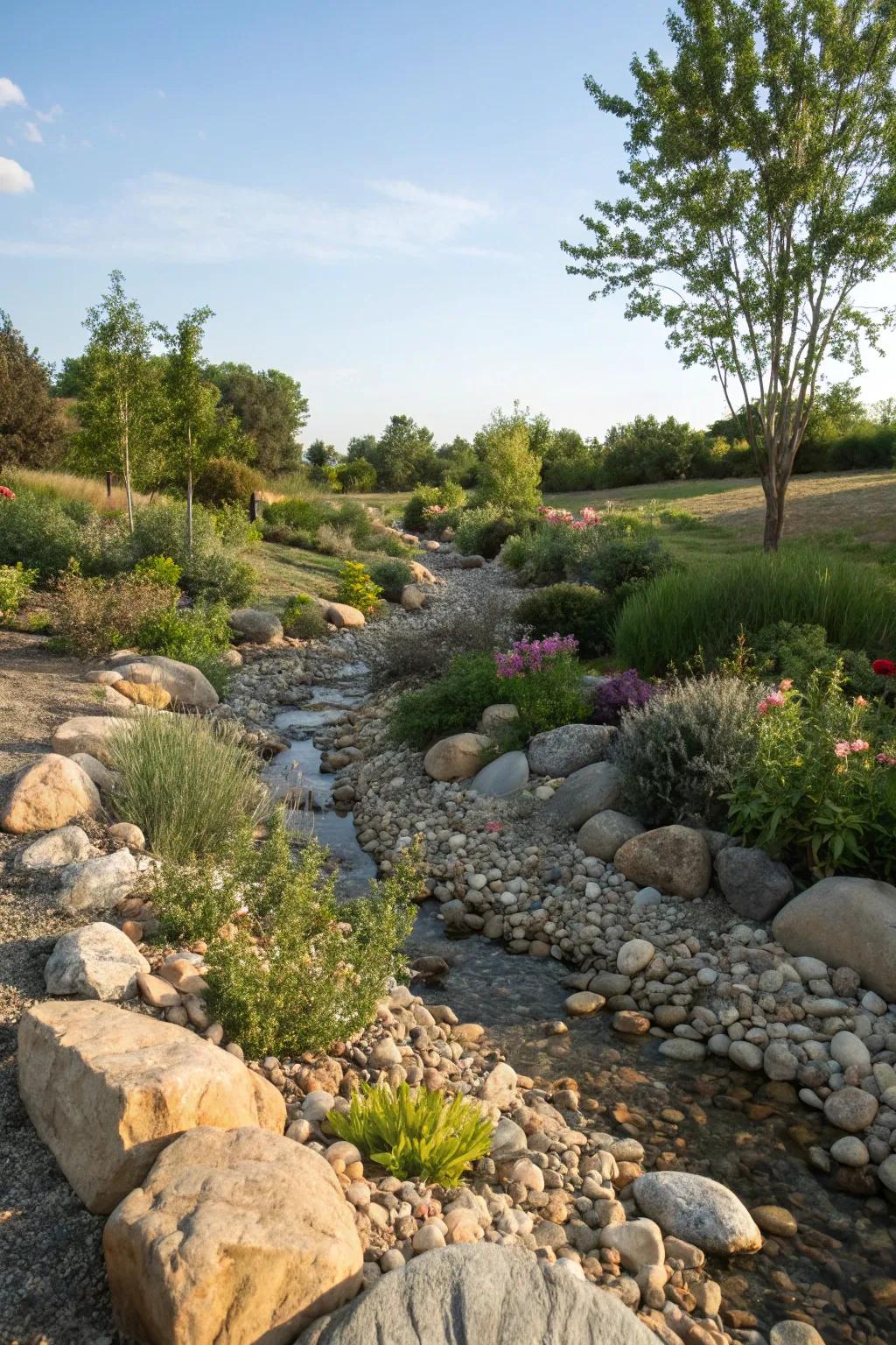 A dry stream bed introduces vibrant motion.