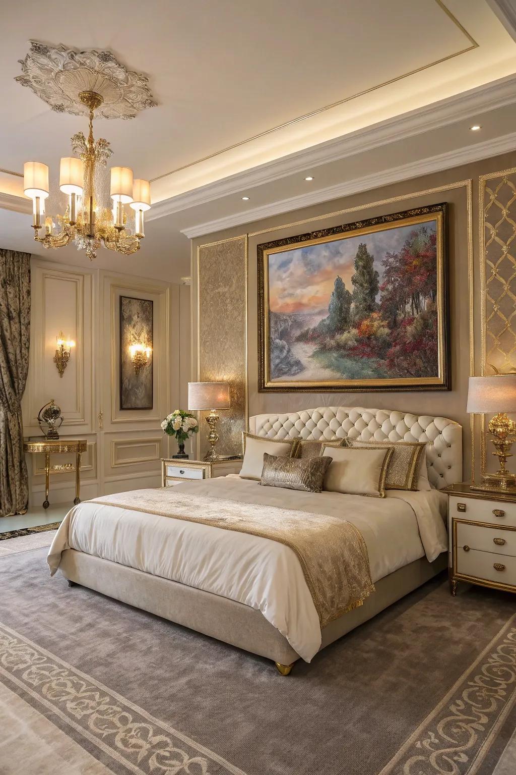 A deluxe bedroom with art that acts as a remarkable point of focus.