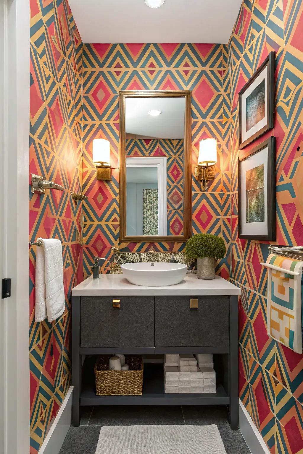 Bold wallcovering makes a powerful design declaration in this washroom.