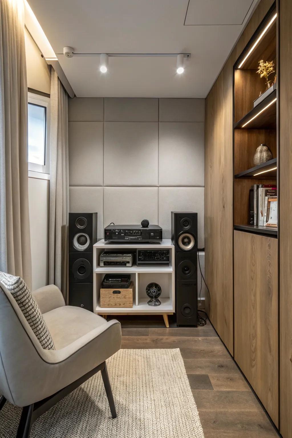 A compact audio system conveys superior audio fidelity within a diminutive configuration.